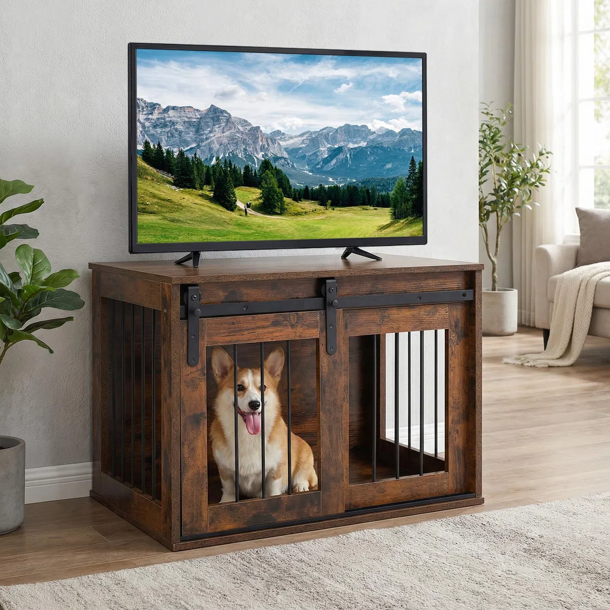 COSTWAY Hundekäfig Möbel, 80 cm Hundebox mit Schiebetür & Metallrahmen, Hundeschrank Holz für Wohnzimmer, Schlafzimmer & Flur, dekorativer Beistelltisch für kleine & mittelgroße Hunde (Rustikal Braun)