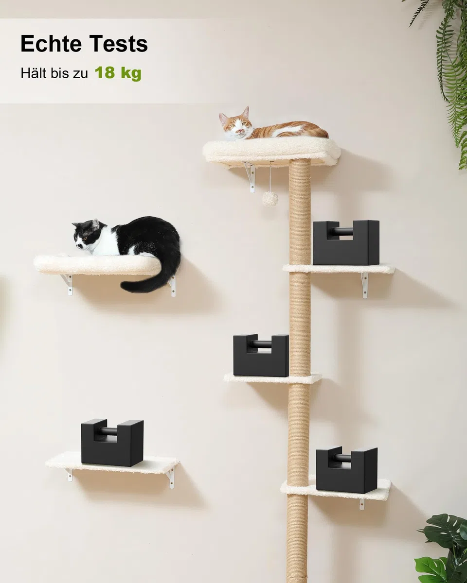 FUKUMARU Kletterwand Katzen-Set, 178 cm hoch, stabiles 3-in-1 Kratzbaum-Set aus mehrschichtigem Massivholz, Holzkatzenmöbel mit Kratzbaum-Wand und 2 Wandregalen, platzsparende Kletterwand, Beige