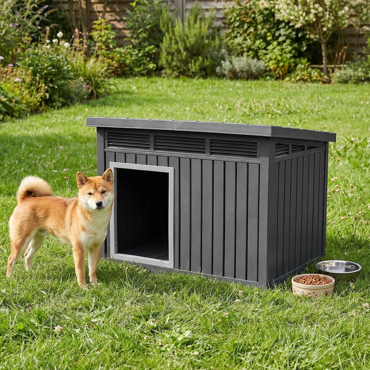 COSTWAY Hundehütte für Outdoor & Indoor, Hundehaus mit aufklappbarem Schrägdach, Entwässerungslöcher, Gasdruckfeder & Belüftungsöffnungen, Hunde Hütte für kleine & mittelgroße Hunde, 81 x 64 x 61 cm