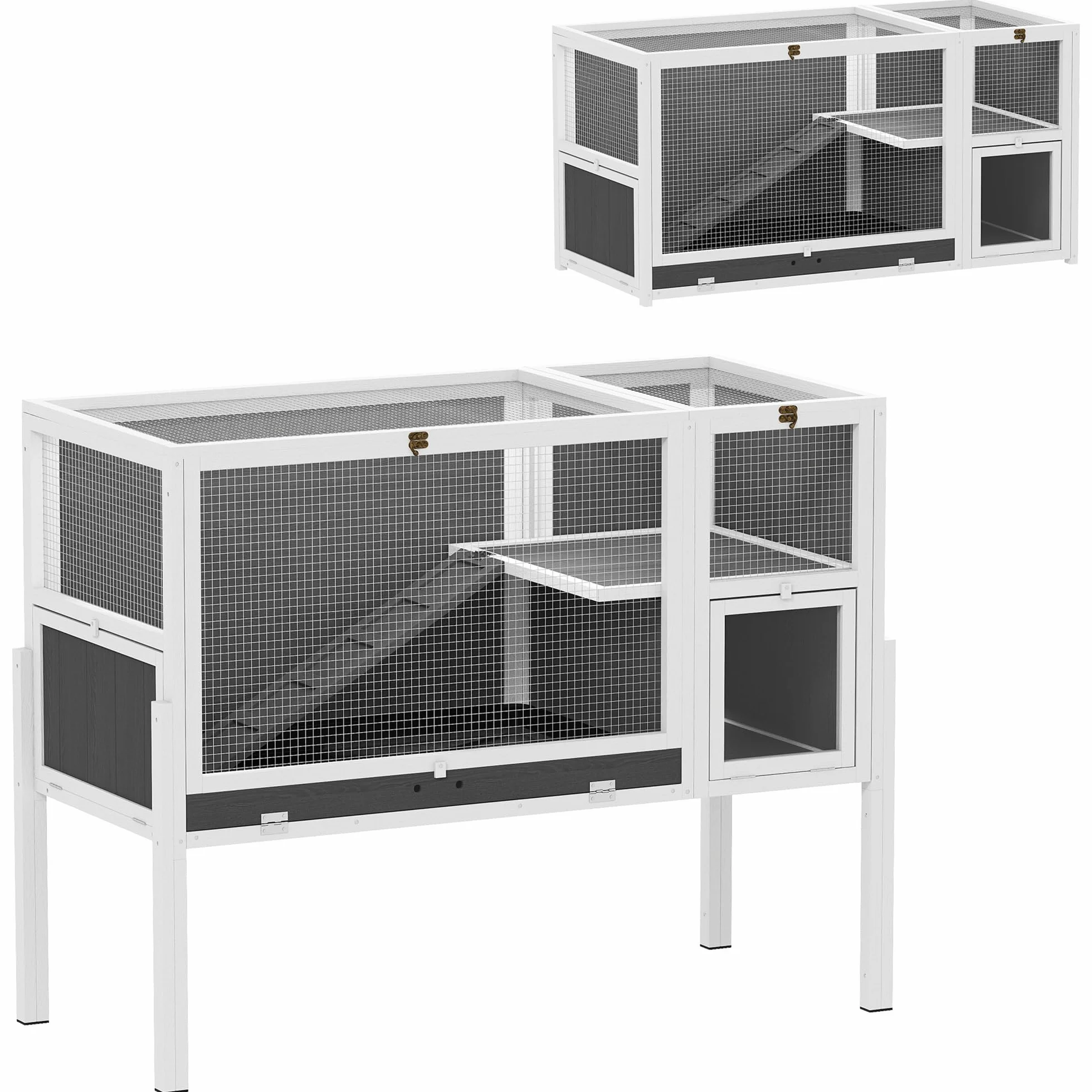 PawHut Hasenstall umbaubar Kaninchenstall aus Holz mit Rampe 120 x 53 x 93 cm Kaninchenkäfig mit Eingängen, Ruheraum, für Meerschweinchen, Gerbils Grau