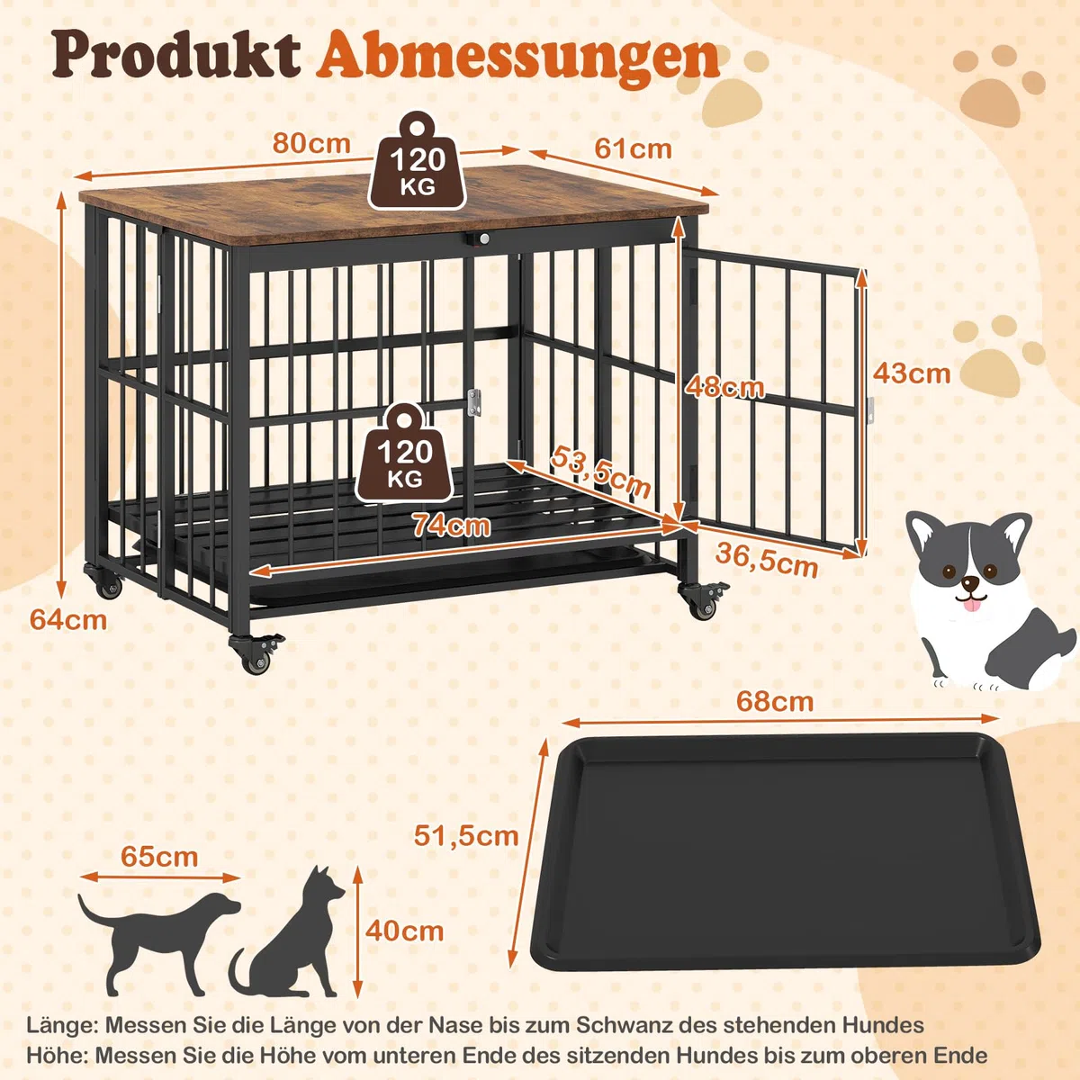 COSTWAY Hundekäfig Möbel, klappbar, Hundehütte mit Rollen, herausnehmbarem Tablett & abschließbarer Tür, 2 in 1 Beistelltisch Hundebox Indoor, Tierkäfig Metall Holz, Vintagebraun (80 x 61 x 64 cm)
