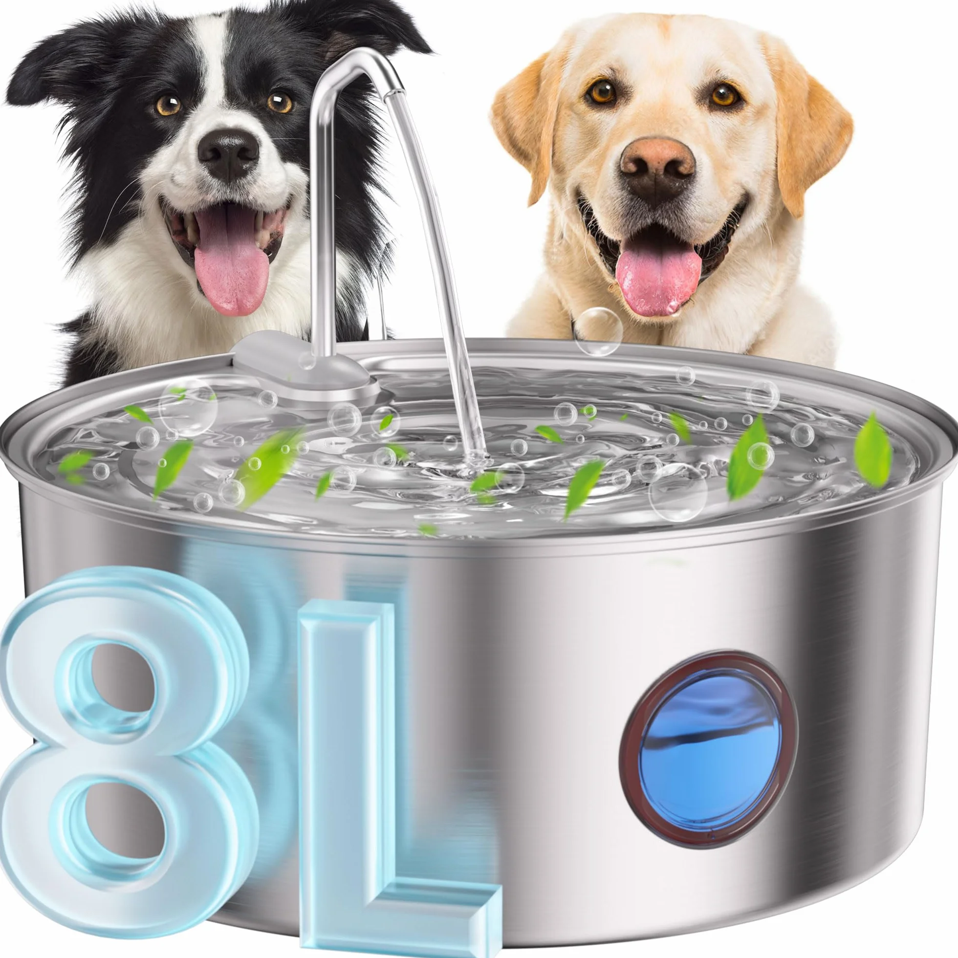 Kittyspout 8L Hundebrunnen aus 304 Edelstahl, leise Pumpe, Trinkbrunnen mit Sichtfenster und LED, ideal für große Hunde und Mehrtierhaushalte