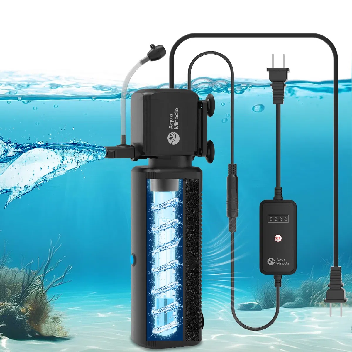 AquaMiracle Aquarium Filter mit U - V Licht & Filterschwamm, Aquariumfilter mit Timer für grünes Wasser, Schildkrötenfilter mit Belüftung & Regenfallmodus für Aquarium 30-70 Gallonen