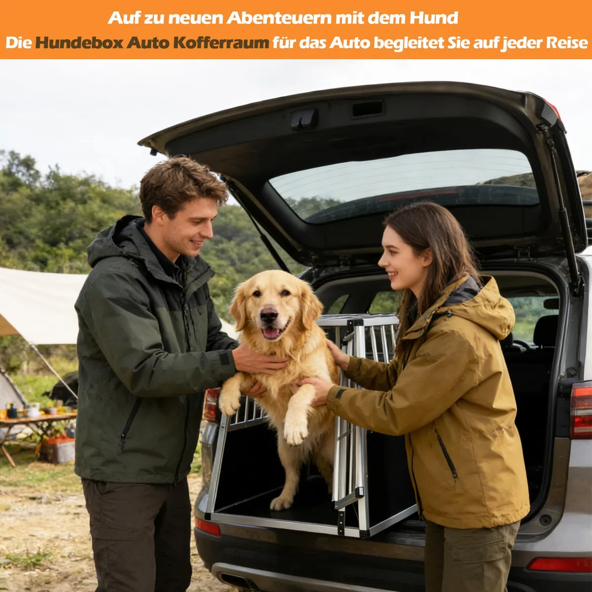 GYMAX Hundebox Auto, Transportbox Hund mit Sicherheitsverschluss, leicht & stabil, Alu Hundetransportbox für Kofferraum, Rückbank & Zuhause (91 x 65 x 69,5 cm)