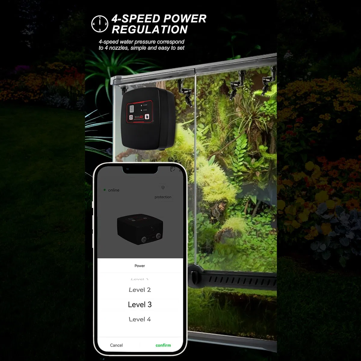 Luftbefeuchter Reptilien, Intelligentes Beregnungsanlage Terrarium mit Timer und 4 Sprühköpfen, 4-stufiger Sprühgeschwindigkeit, für Reptilien, Amphibien, Pflanzen, Blumen und Regenwald