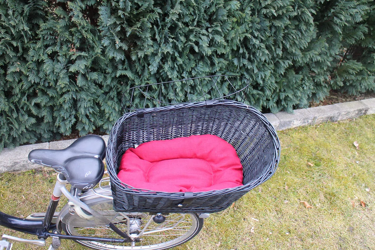 Hundefahrradkorb für Gepäckträger aus Weide mit Metallgitter und Kissen Schwarz XL oder XXL Gepäckträgerkorb Weidenkorb Hundekorb Tierkorb (XXL mit Kissen)