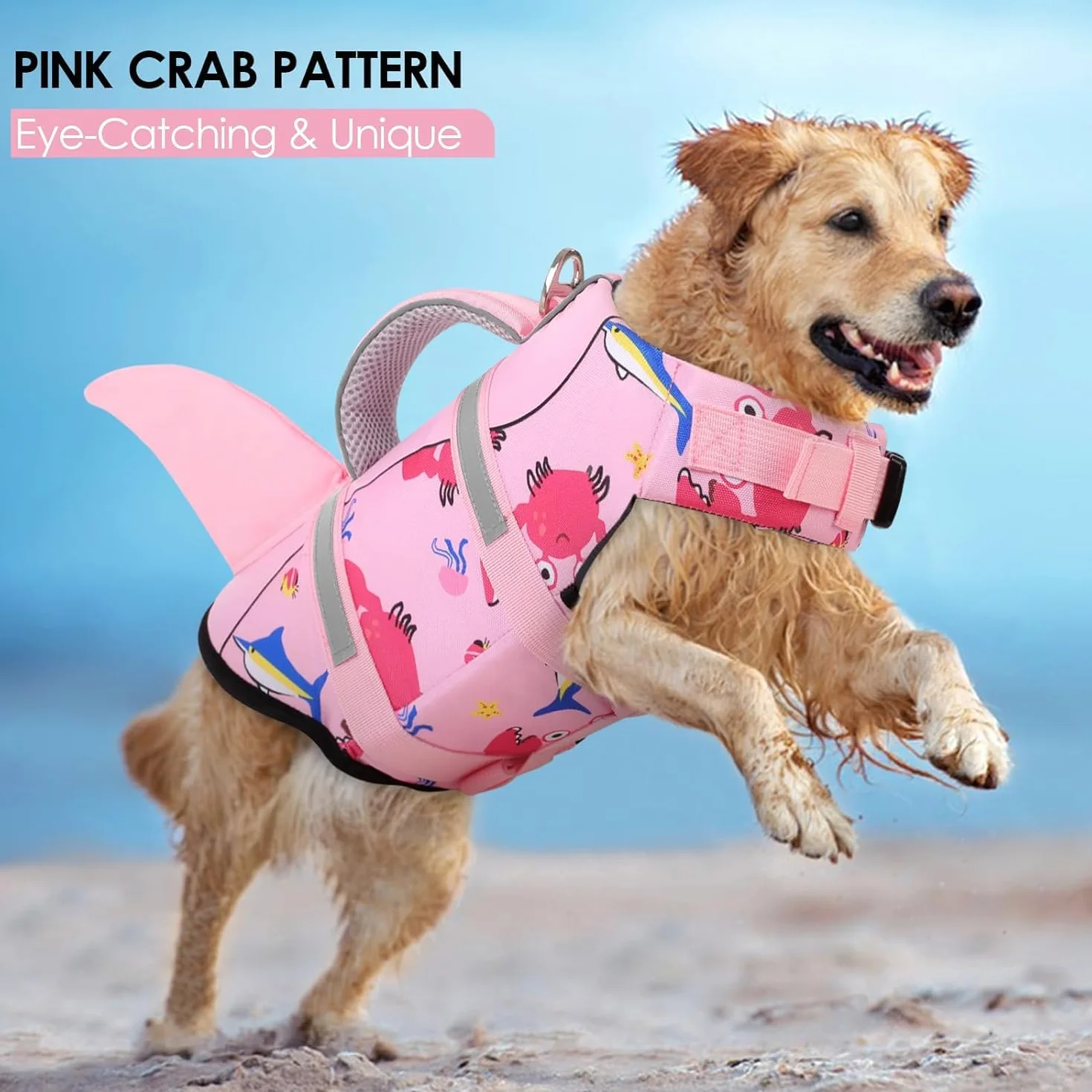 AOFITEE Hundeschwimmweste Große Hunde, Verstellbar & Ripstop Hunde Schwimmweste Hai mit Rettungsgrif und Reflektierend, Hoher Schwimmfähigkeit Rettungsweste Hund Schwimmweste Labrador, Pink, L
