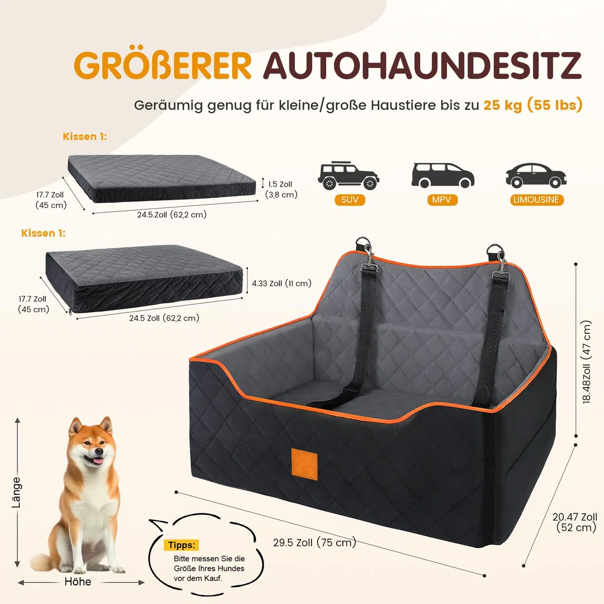 Hunde-Autositz für Hunde unter 25 kg oder 2 kleine Hunde, Sicherheits-Memory-Schaum-Autositz mit 2 Kissen und Sicherheitsleinen, großes Reisebett für den Rücksitz