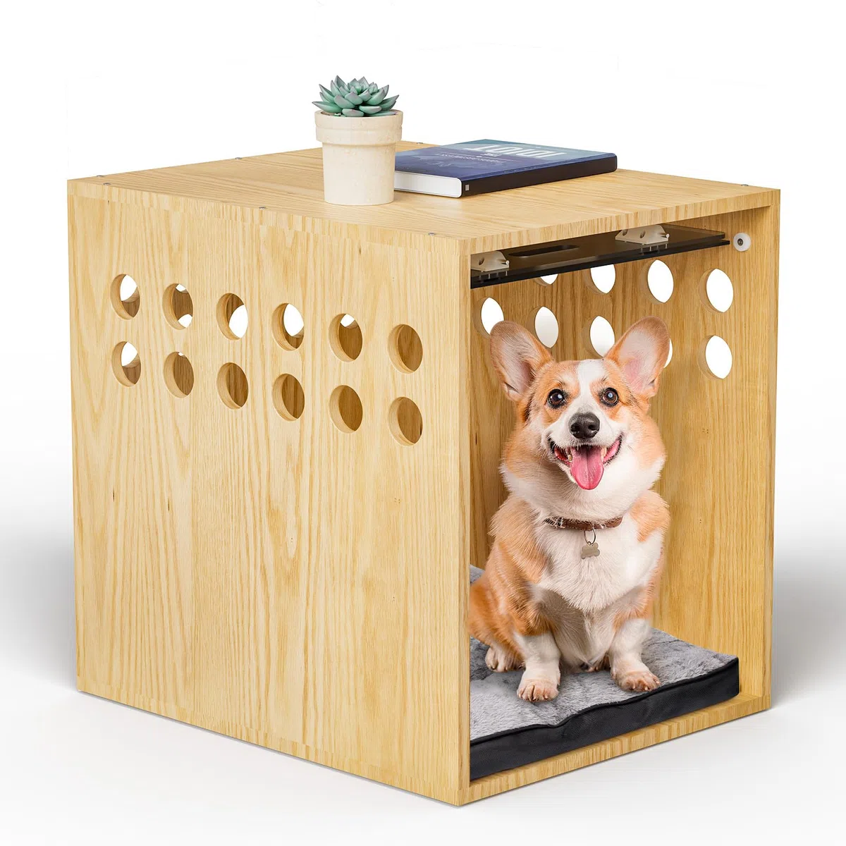 Hundekäfig-Möbel, SAUCE ZHAN Hundehütte mit Kissen für kleine/mittelgroße Hunde, Beistelltisch, Holzkiste für Haustiere im Innenbereich, Holzfarbe
