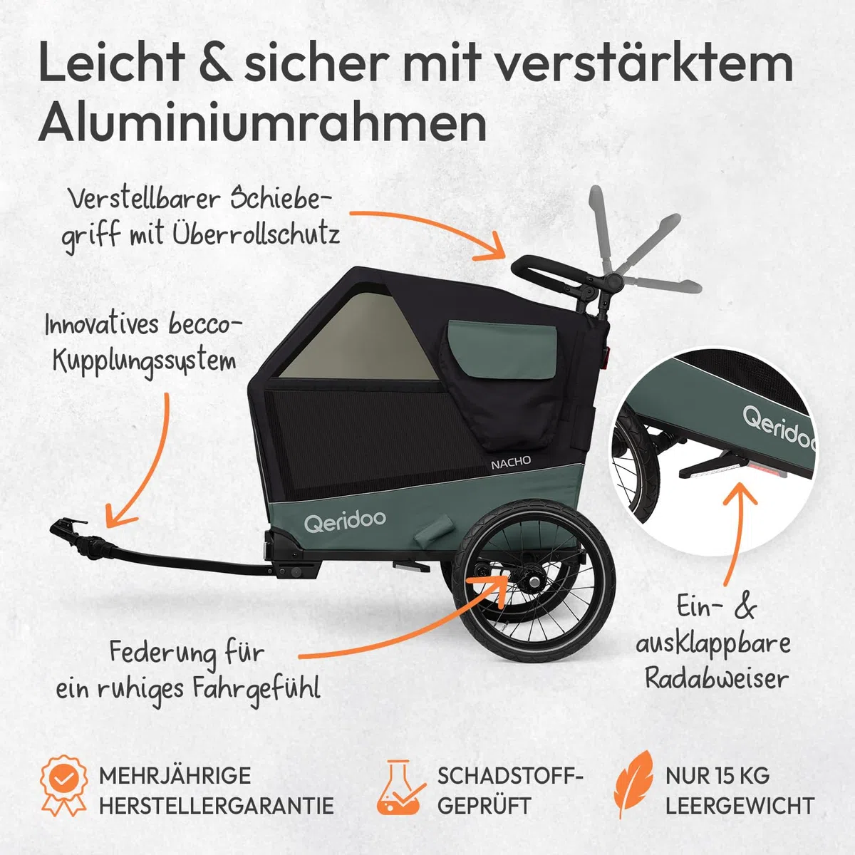 Qeridoo Nacho | Hundeanhänger für Fahrrad | Comfort für den Vierbeiner | Fahrradanhänger Hunde mit Buggy-Funktion | Hundefahrradanhänger mit Federung, Hundebett | Hundeanhänger | Bis 35 kg