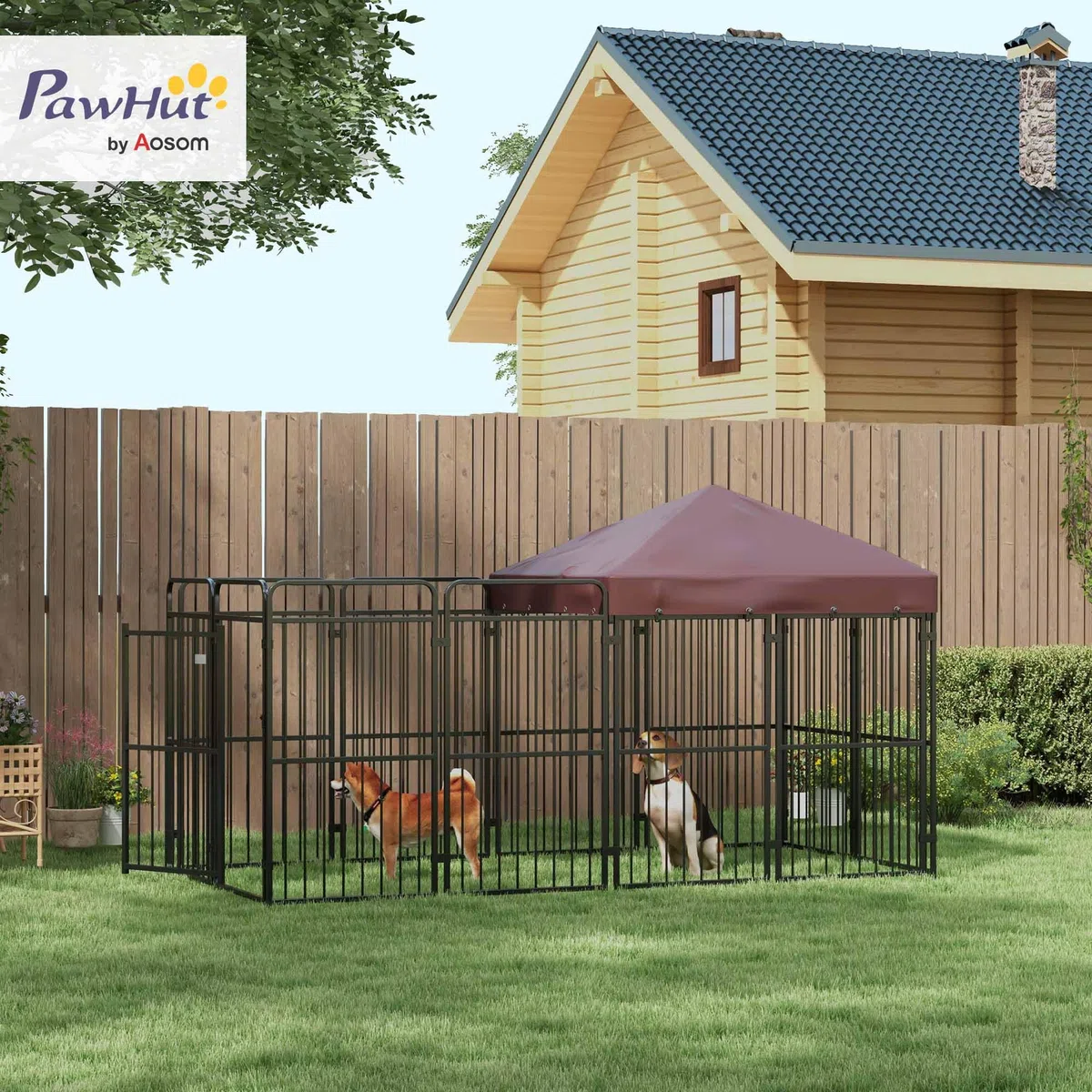 PawHut Zwinger für Hunde im Freien, Hundezwinger mit wasserdichtem Anti-UV-Dach, Metallkäfig für große Hunde, 282x141x159cm, braun
