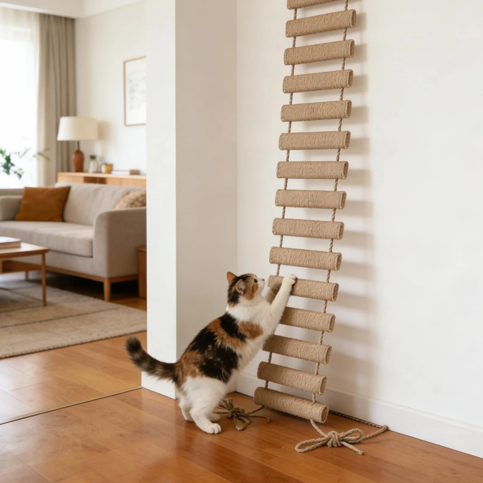 Katzenleiter 150 cm, Katzenleiterbrücke aus Holz & Sisalseil, Klettergerüst für Katzen, Aktivitätskratzbaum, Hängematte, Katzentreppe für Wand, Haustiermöbel, Khaki