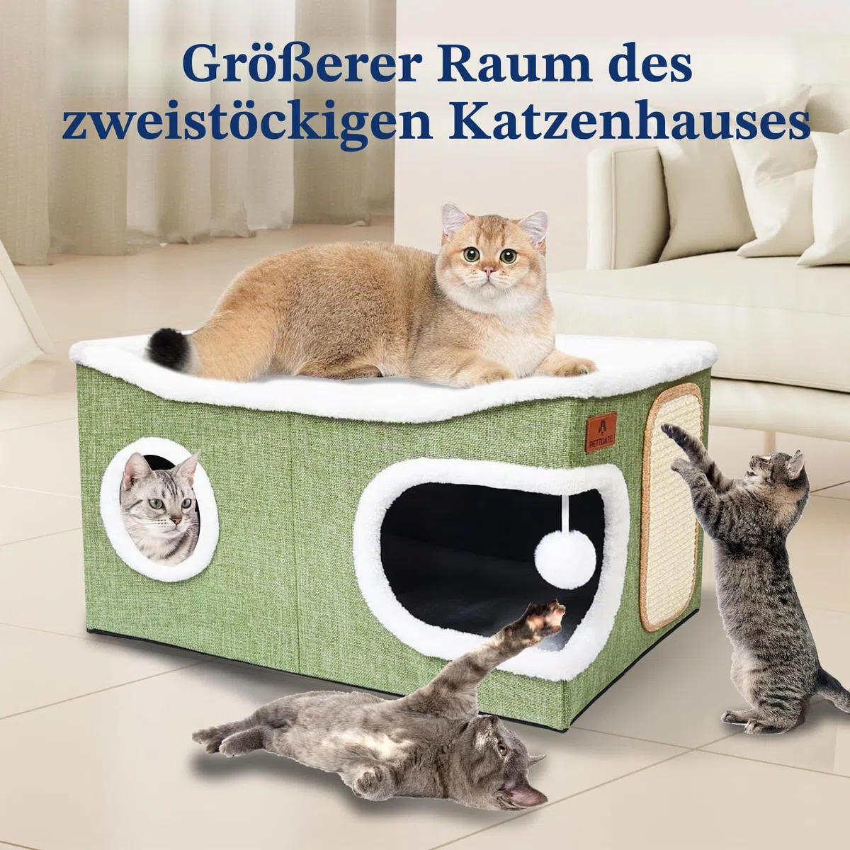 Extra Große Katzenhaus Indoor, 2-stöckige Kuschelhöhle mit Kratzbrett und Spielball, Katzenhöhle für Katzen, Ideal für Mehrere Kleine Haustiere und Große Kätzchen, Grün