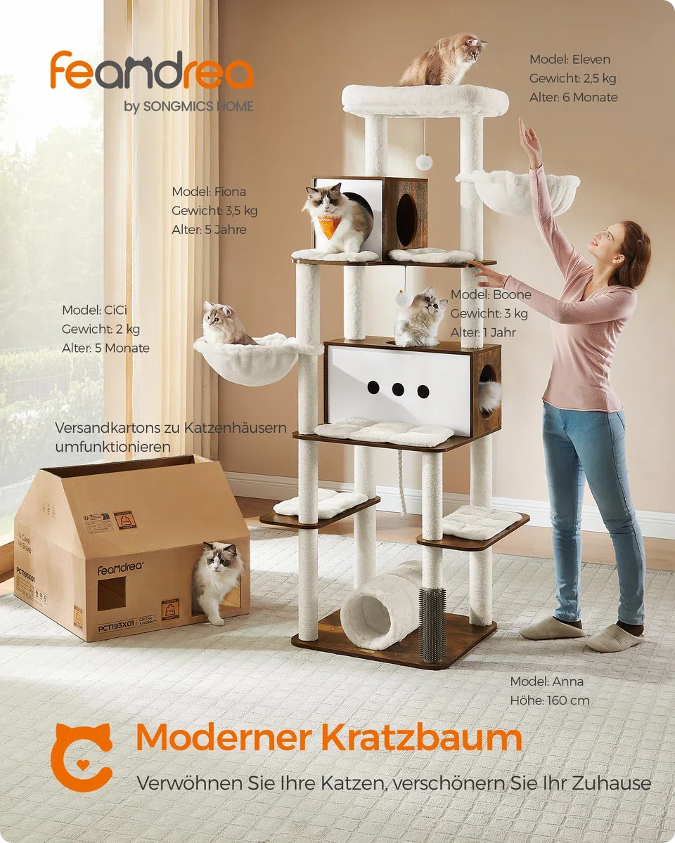 Feandrea Kratzbaum groß, 192 cm hoch, Katzenbaum XXL, modern, mehrstöckiges Katzenhaus mit 2 Höhlen, 2 Liegemulden, 4 Kratzstämmen, Katzenbürste, Tunnel, Plattformen, vintagebraun PCT193X01