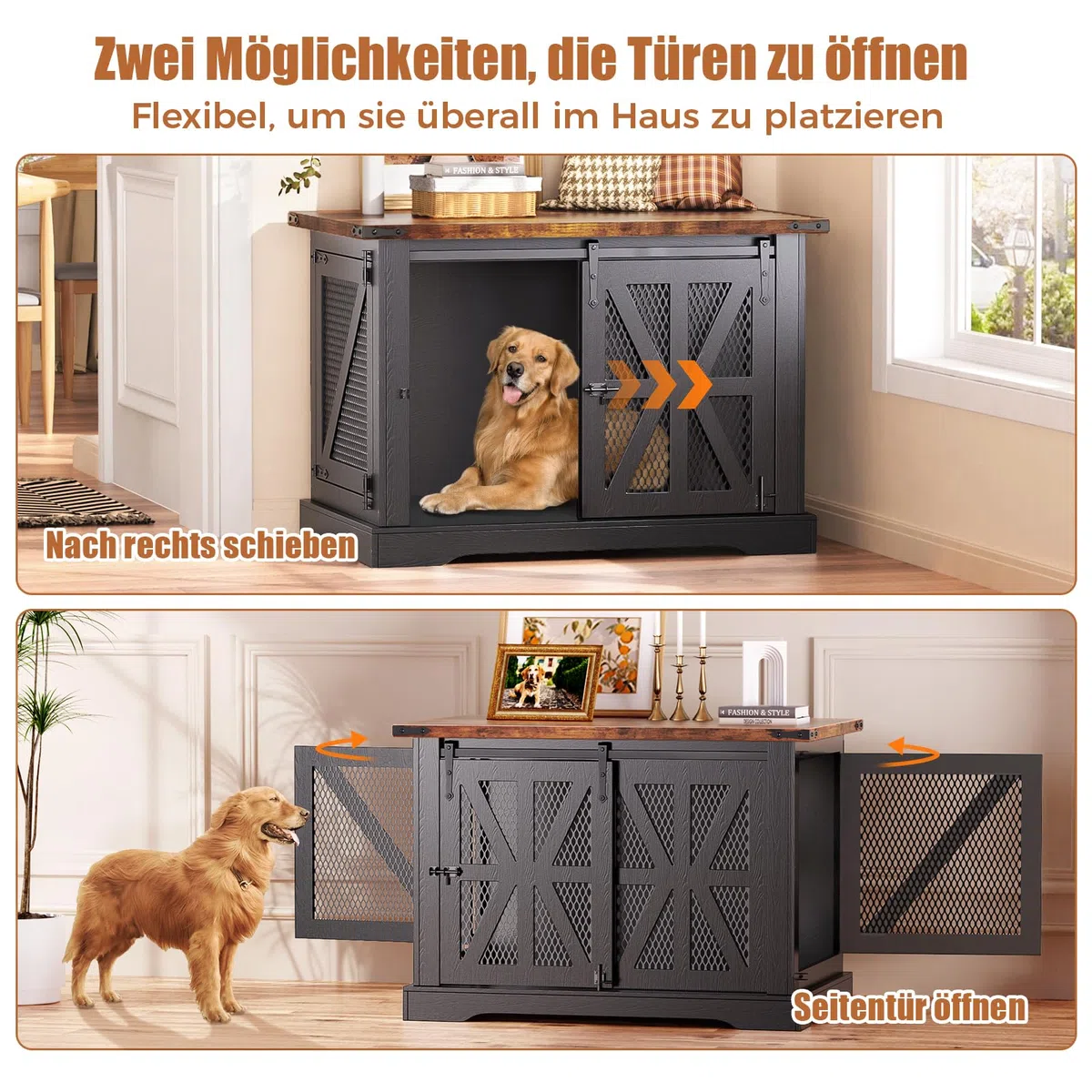 Hundekäfig Möbel, 100 cm Holzhundebox, Dreitüriger Hundekäfig, Schiebetüren, Modernes Hundezimmer für den Innenbereich, für Kleine und Mittelgroße Hunde, Verstärkte Konstruktion, 100x65x67cm, Schwarz