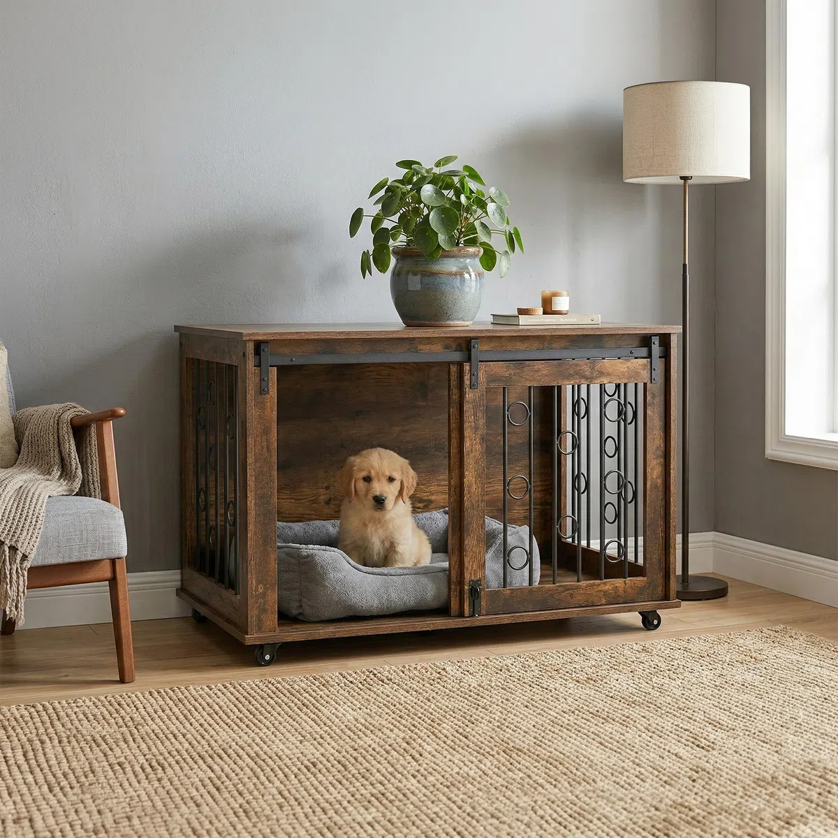 Relaxdays Hundekäfig Möbel, Hundegitterbox mit Ablage & Rollen, 2 Türen, HBT: 64x100x59 cm, Hundeschrank, braun/schwarz