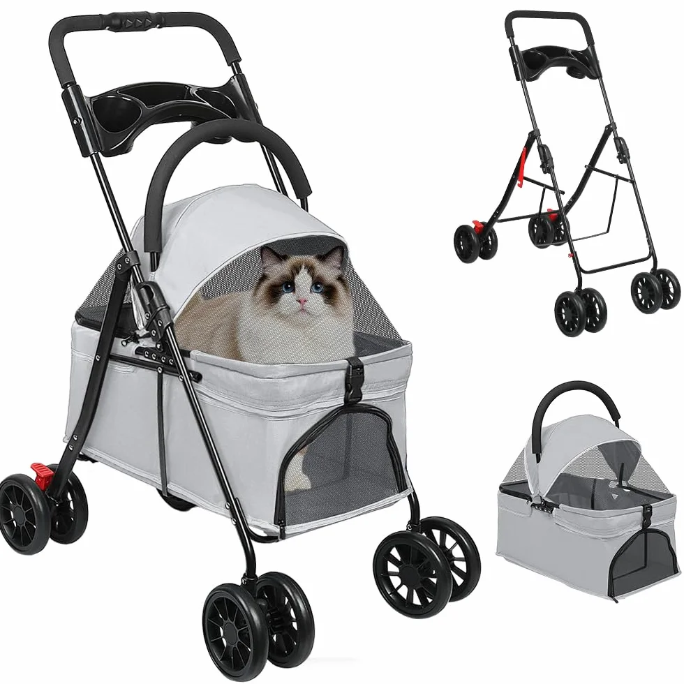 Homewell Faltbarer Hundebuggy für Hunde, Haustiere Buggy, Hundewagen mit abnehmbarer Transportbox, Getränkehaltern, Ablagefach und Netzfenstern, Klappbar, bis 20 kg (Grau)