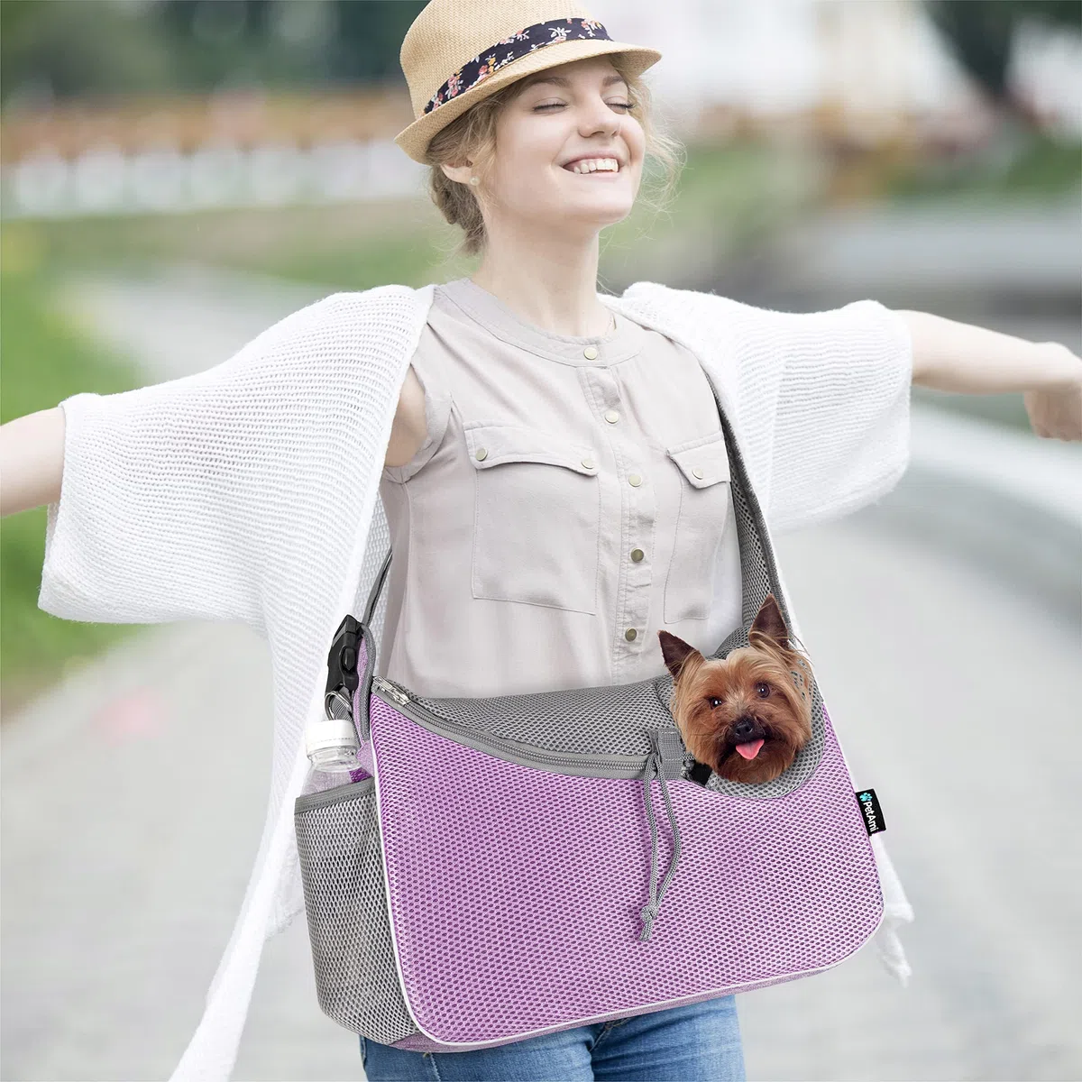 PetAmi Kleine Hundetragetasche, weiche Seiten, Crossbody-Welpen-Tragetasche, verstellbare Tragetasche, für mittelgroße Hunde, Katze für Reisen, atmungsaktives Netz, Sherpa-Bett, Violett