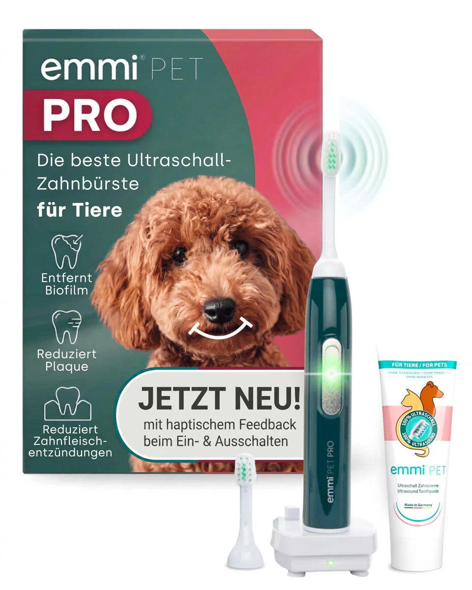emmi-PET PRO Ultraschallzahnbürste für Hunde I Ultraschall Zahnpflege I Bis zu 96 Mio. Schwingungen/Min. & 12 Tage Akkulaufzeit I Inkl. Ladestation, Zahncreme & Aufsätzen I German Engineering