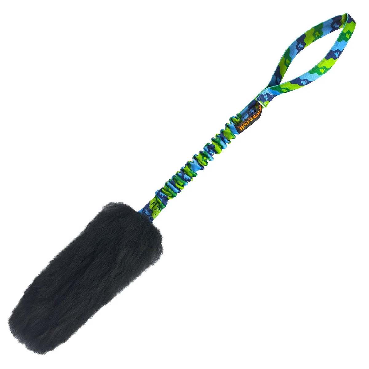 Tug-E-Nuff Dog Gear WondaBaa Bungee-Schlepperspielzeug für interaktives Training, Bissbereich aus weichem und verantwortungsvoll gewonnenem Schaffell, 23 x 3 Zoll (grünes Muster, 1 Stück)