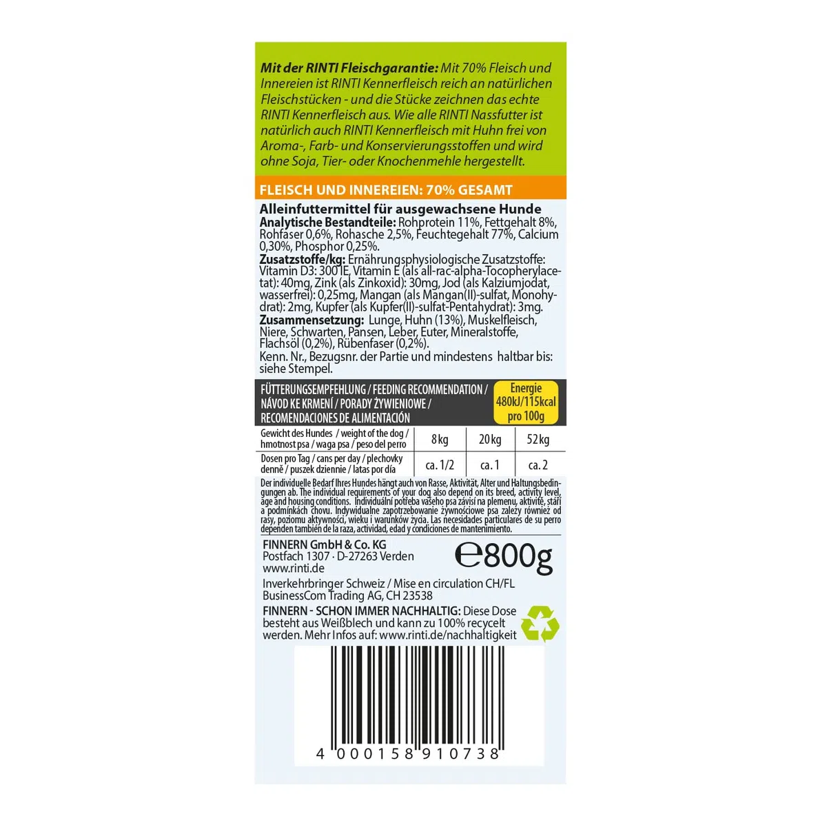RINTI Kennerfleisch Huhn, 12er Pack (12 x 800 g)