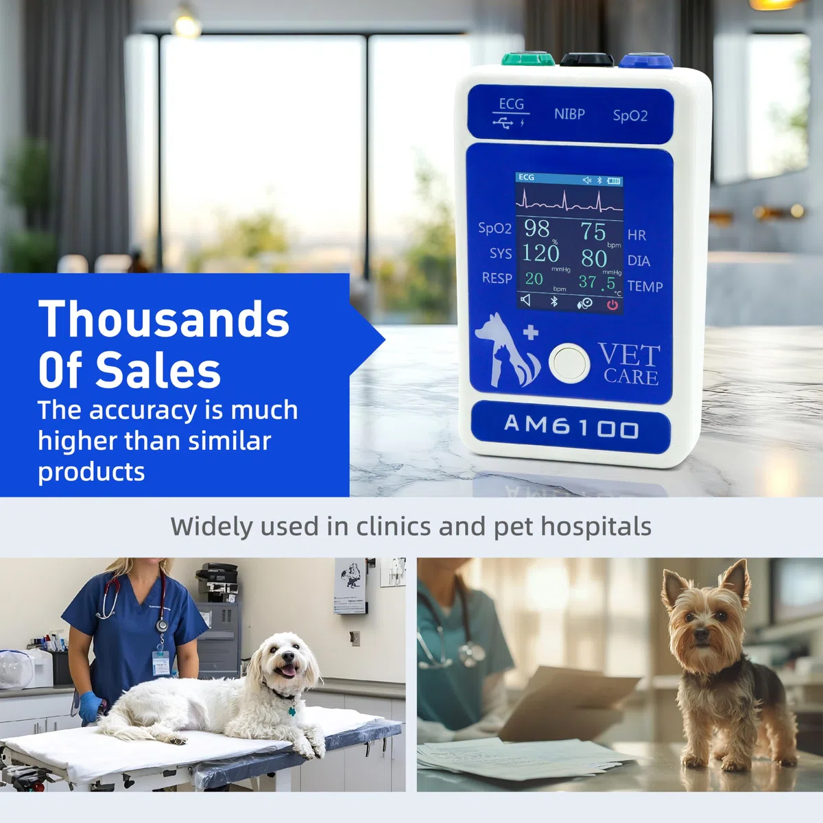 Digitaler Tierarztmonitor für Hunde und Katzen, 6 Parameter, Tier-Mnitoring-Ausrüstung, Vet Spo2 Pulsdruckmessgerät für Heimklinik, einfache Bedienung und klares Ablesen, Bluetooth 5.0
