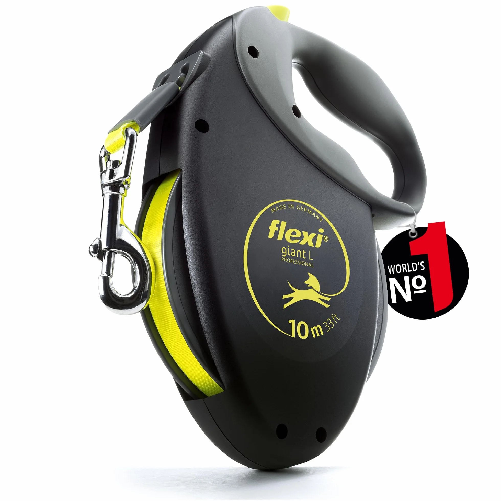 flexi® Giant Professional L | 10m Gurt Roll-Leine für Hunde bis 50 kg | schwarz/neon-gelb | ausziehbare Hundeleine | Gewicht 861.1 gr | Maße 18 x 24 cm