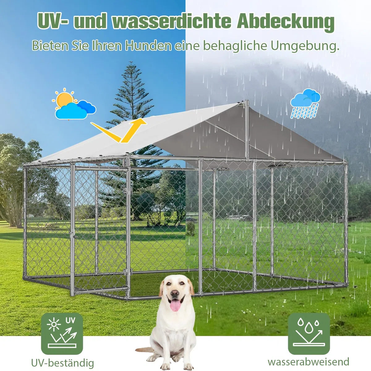 Outdoor Hundezwinger Mit Dach 230x230x117 cm Schwerlast Hundegehege Aus Verzinktem Stahlrohr Mit Verriegelbarer Sicherheitstür UV Beständiger Wasserdichter Abdeckplane Für Garten Terrasse Hof