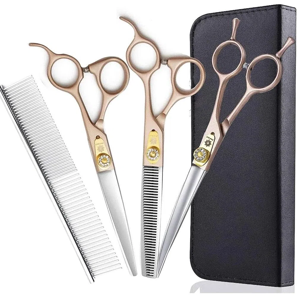 Dream Reach 7" Hundeschere Set (Gerade, Gebogen, Ausdünnen) 440C Edelstahl | Profi 3-in-1 Set: Gerade, Gebogene & Ausdünnungsschere (15-25% Ausdünnung), mit Tuch und Tasche, für Hunde & Katzen