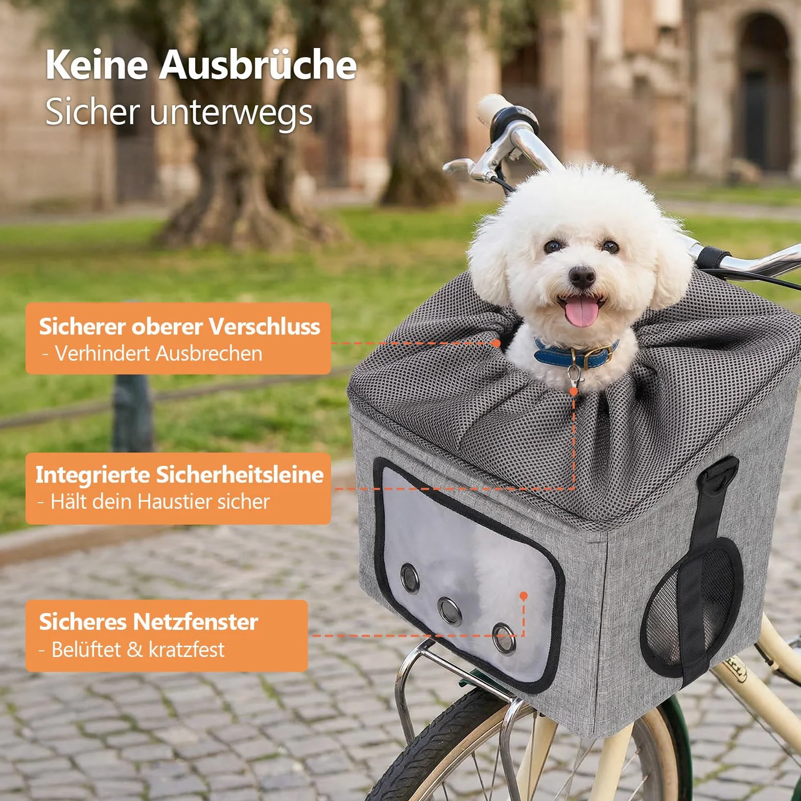 Ownpets Hundekorb Fahrrad Vorne bis 8kg, Faltbarer Hundefahrradkorb mit Sicherheitsseil, atmungsaktiver Fahrradkorb für Hunde – 3 in 1 als Autositz & Schultertasche mit verstellbarem Schultergurt