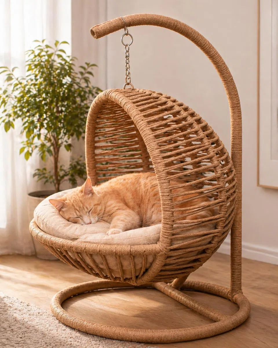 Generisch La Tahzen Katzenschaukel - Hängesessel für Katzen und kleine Hunde - 45 x 45 x 70 cm - Farbe Weiß - Handgefertigtes Haustiermöbel mit Plüschkissen (Beige)