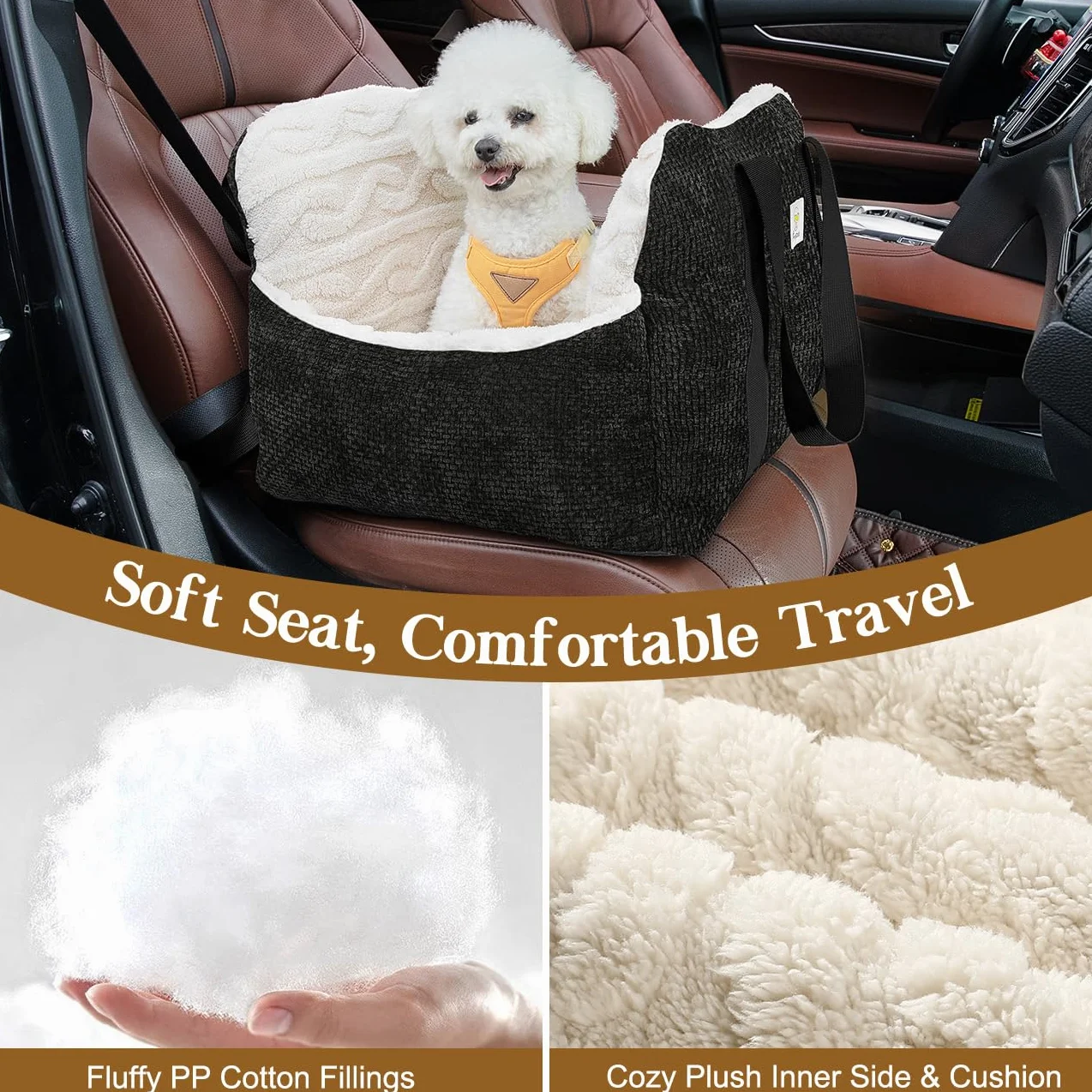 Pawaboo Hund Autositz, Hund Booster Autositz für Klein Hunde, Welpensitz für Auto mit Fest Schnalle und Sicherheitsgurt, Verdickt Hundebett Autositz, Haustier Reise Träger Bett bis zu 25lbs, Schwarz