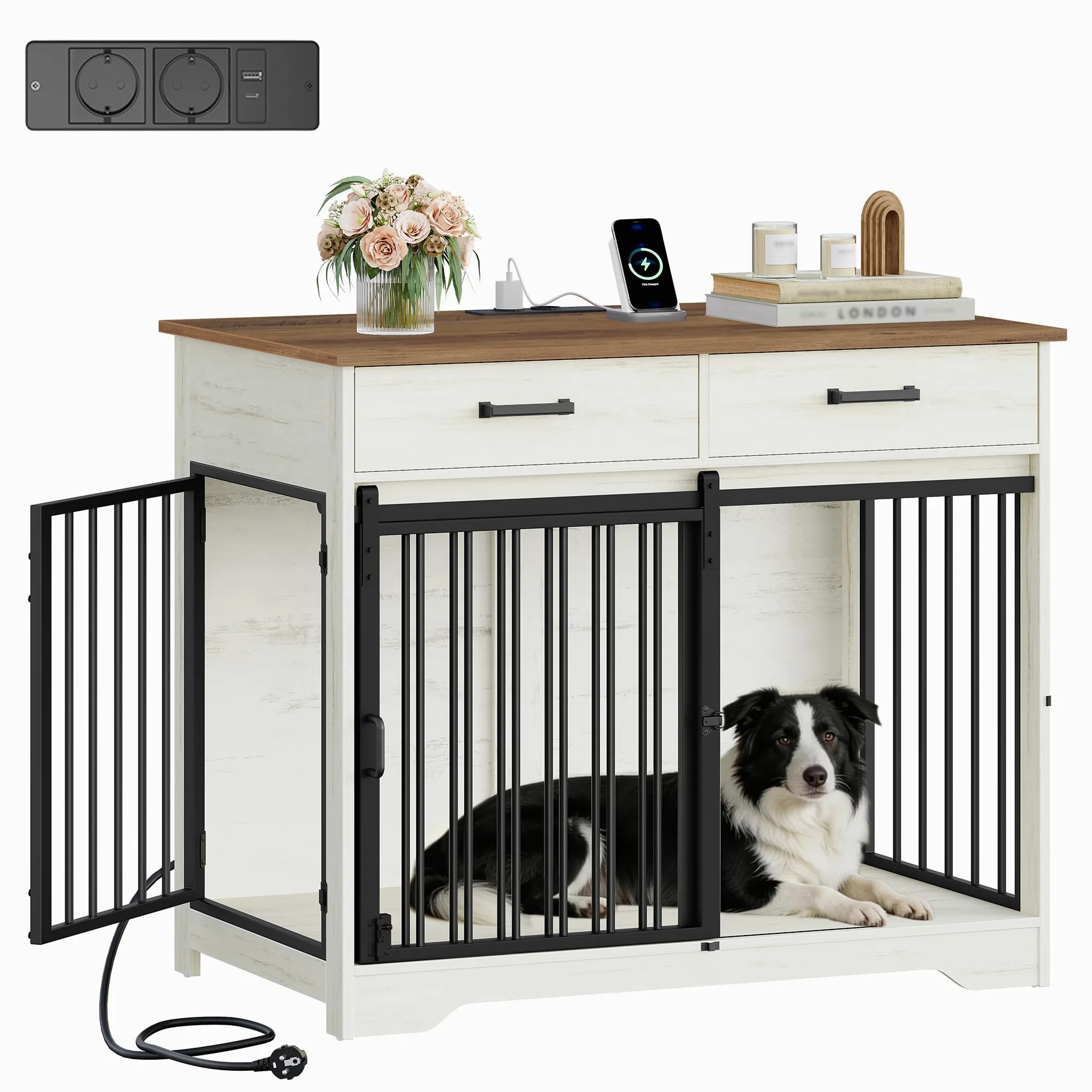 Hzuaneri Hundekäfig Möbel mit Steckdose, Hundebox für Zuhause mit Schiebetür im Scheunentür-Stil & 2 Schubladen, 3-Türen Sideboard für Mittel/Große Hunde, 97 x 56 x 81 cm, Weiß Braun DFC90314BEU