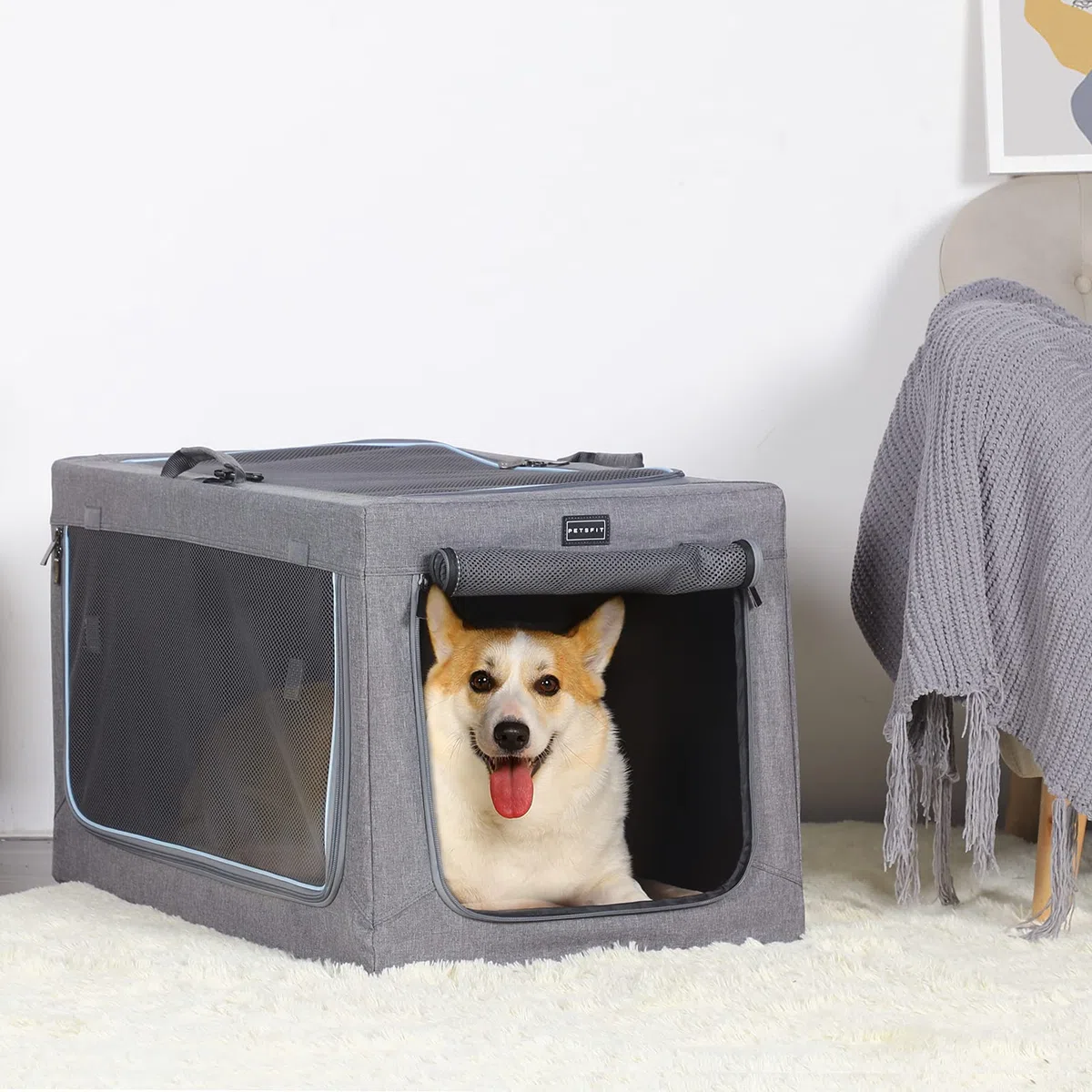 Petsfit Hundebox für Zuhause, Hundebox faltbar für mittlere kleine Hunde, Hundetransportbox Auto Verstellbares Design Hundeschlafbox, Zimmerkennel Hund mit Reißfeste Netzfenster & plüsche Betteinlage