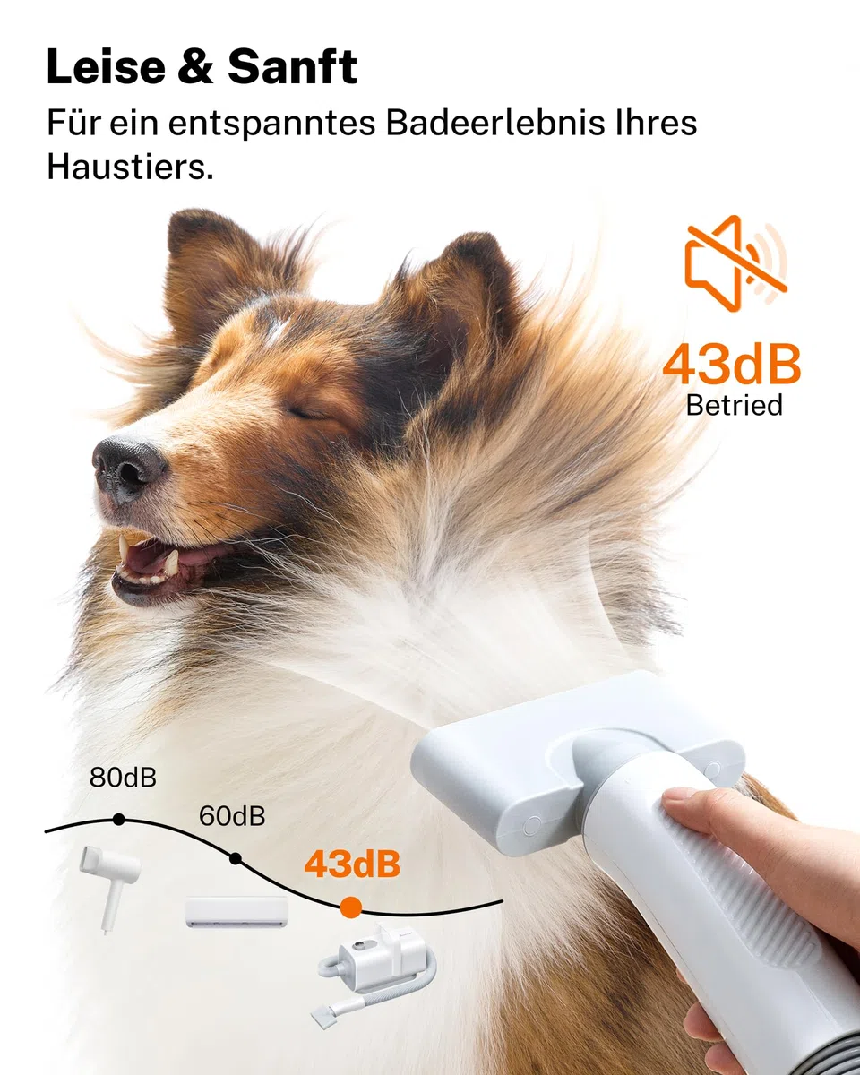 HomeRunPet Hundefön Ultraleiser 43dB,120m/s Schnelltrocknend,Blower Hund 99 Einstellbare Einstellungen für Geschwindigkeit & Temperatur,3-in-1Verschiedenen Düsen,Überhitzungsschutz über 60℃