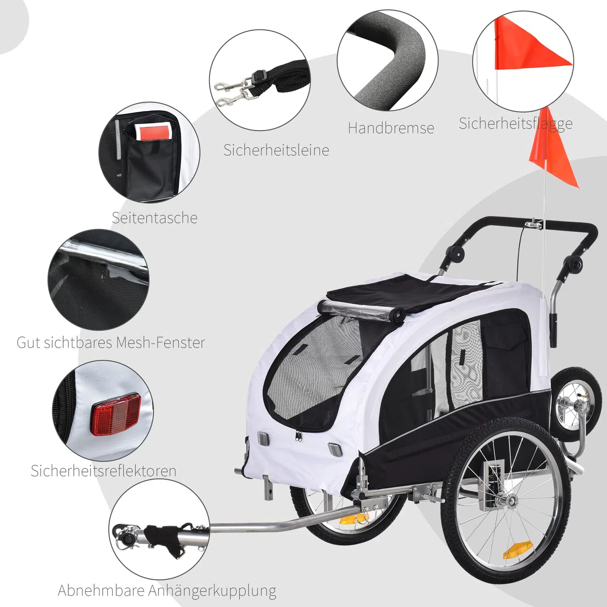 PawHut 2-in-1 Hundeanhänger, Fahrradanhänger für Hunde, Hundewagen mit Reflektoren, Fahne, Hundefahrradanhänger Hundebuggy, Oxford-Gewebe