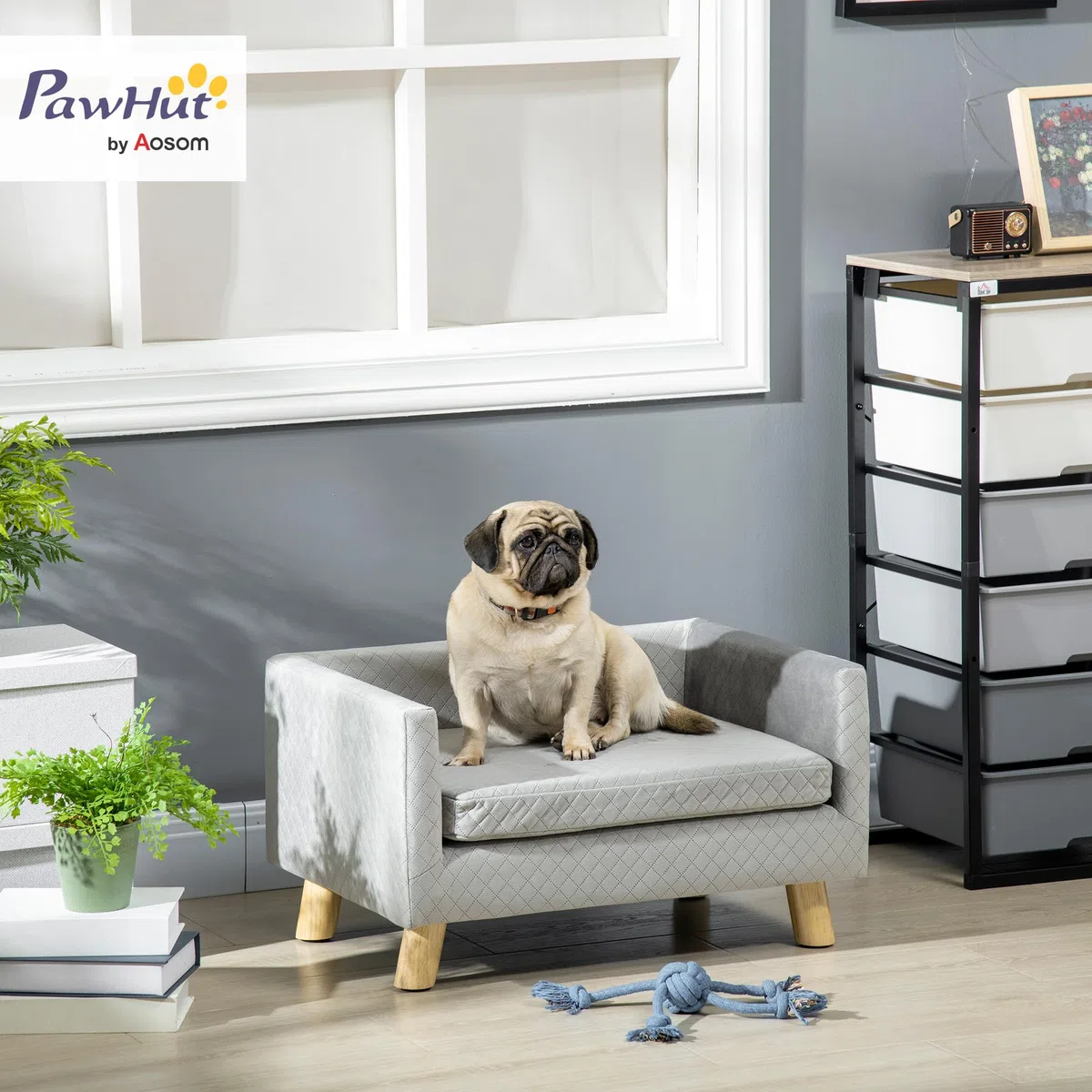 PawHut Hundesofa Hundebett Hundecouch aus Samt mit Rückenlehne, Holzbeine, Kissen, Katzensofa mit weicher Polsterung, für kleine Hunde 64 x 45 x 36 cm Dunkelgrau
