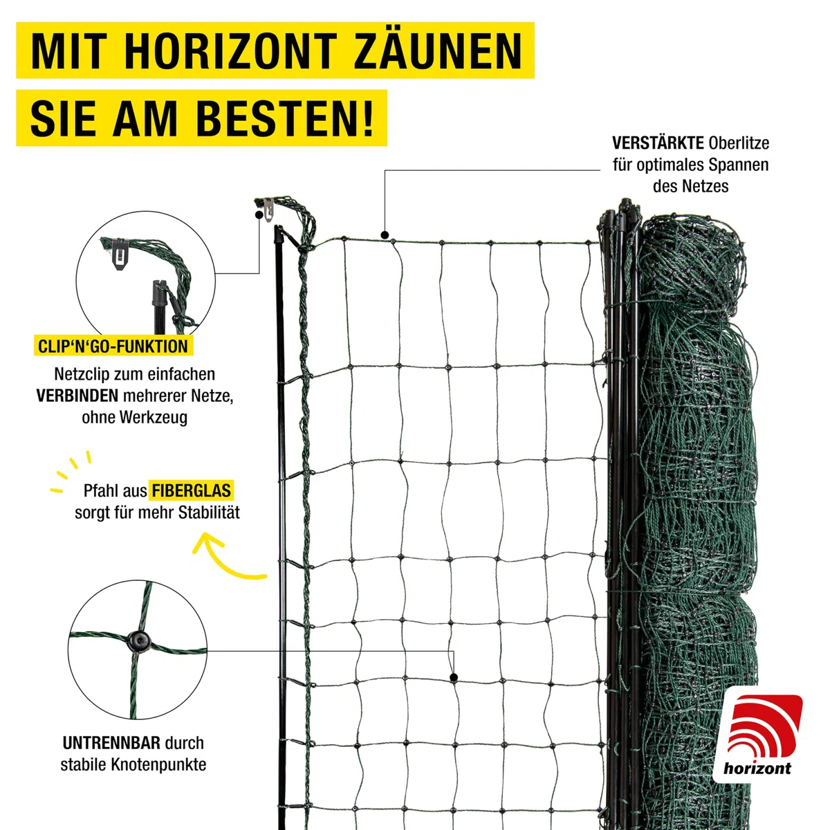 horizont strongLine Camping Hundezaun 50m lang, 120cm hoch - 15 Fiberglaspfähle Doppelspitze ohne Strom, grün, Zaun für Hunde, mobiler Zaun für Garten, Hof & Camping
