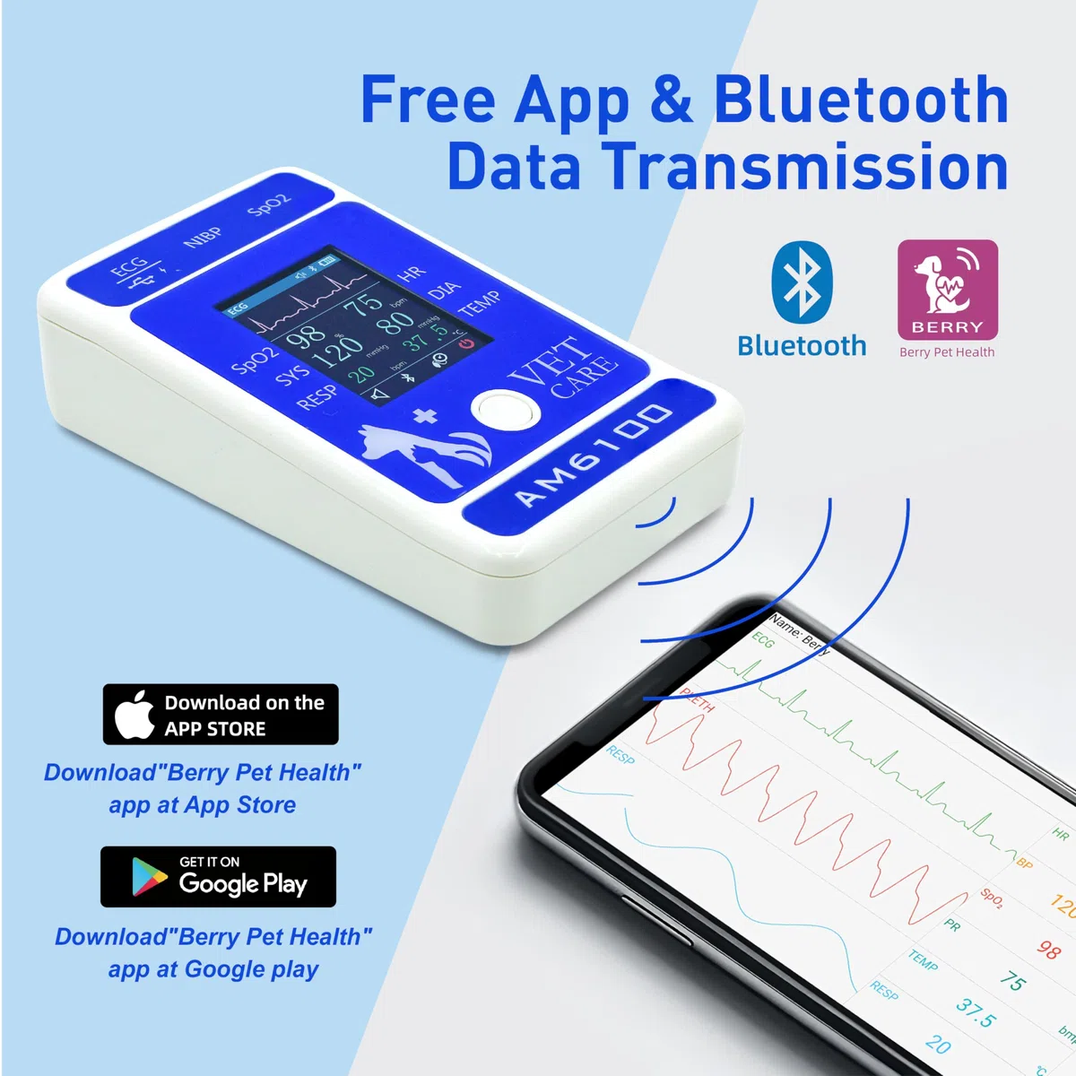 Digitaler Tierarztmonitor für Hunde und Katzen, 6 Parameter, Tier-Mnitoring-Ausrüstung, Vet Spo2 Pulsdruckmessgerät für Heimklinik, einfache Bedienung und klares Ablesen, Bluetooth 5.0