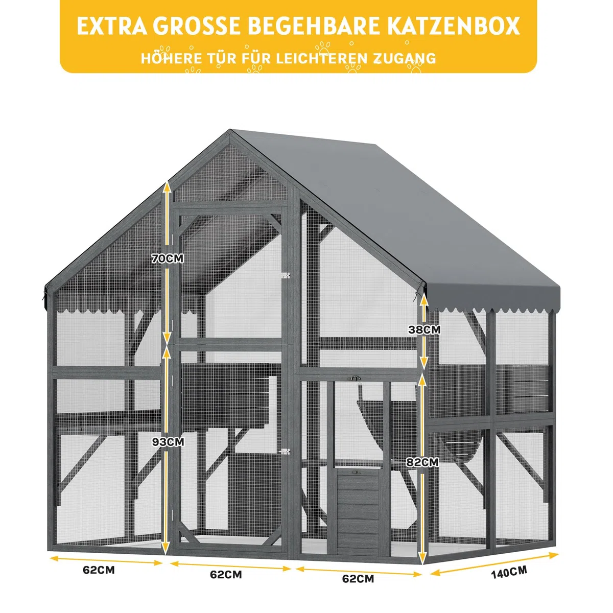 Katzengehege aus Holz für Draußen,186 x 140 x 188 cm | mit Wasserdichtem Dach,Brücken und Kleine Katzenhäuser,Kompatibel mit Wandtierklappe