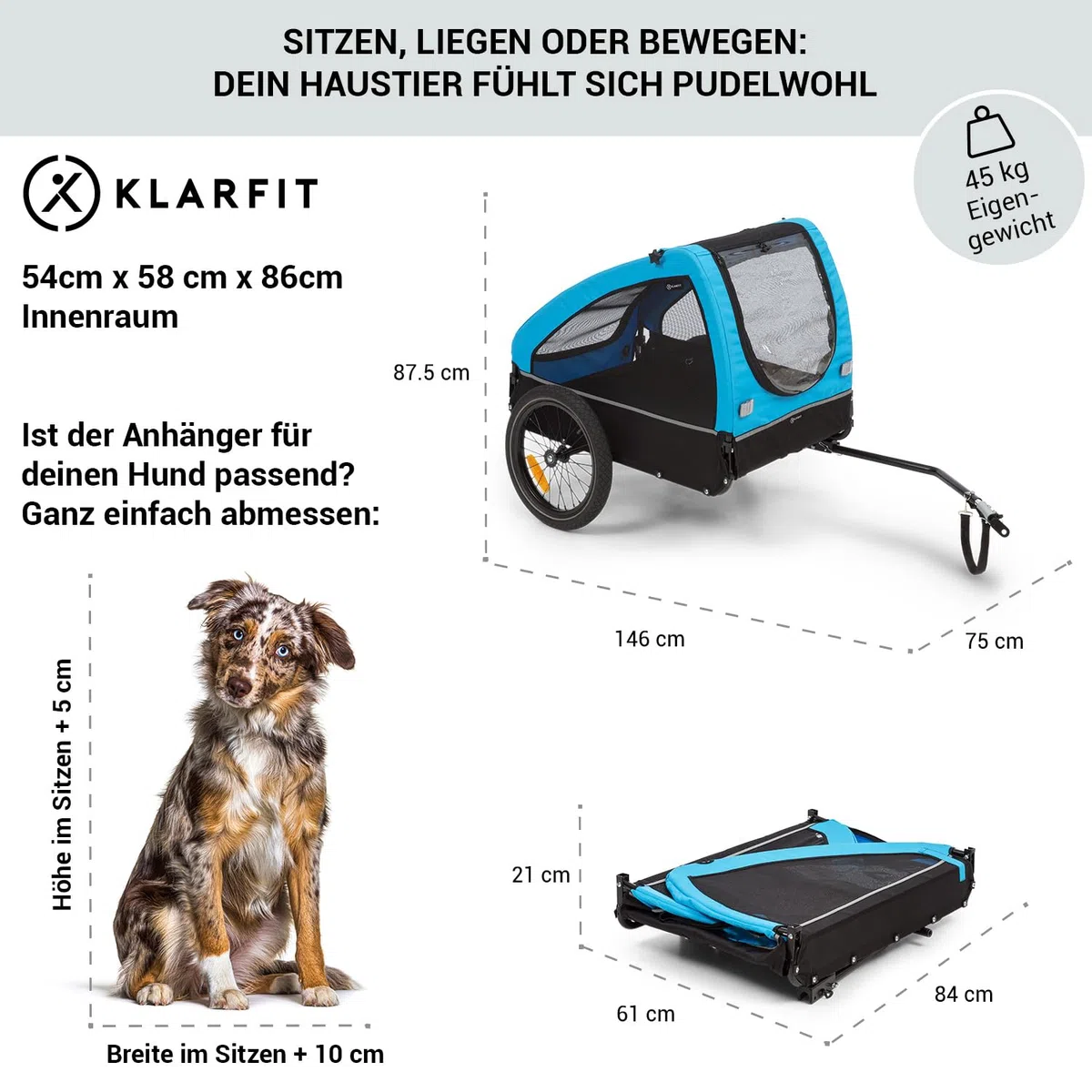 Klarfit Husky City Fahrradanhänger, Fahrrad Anhänger für Hunde, Hundefahrradanhänger mit Reflektoren & Lleine, Hundebuggy, Fahrradanhänger Hunde Gefedert, Hundeanhänger für Fahrrad