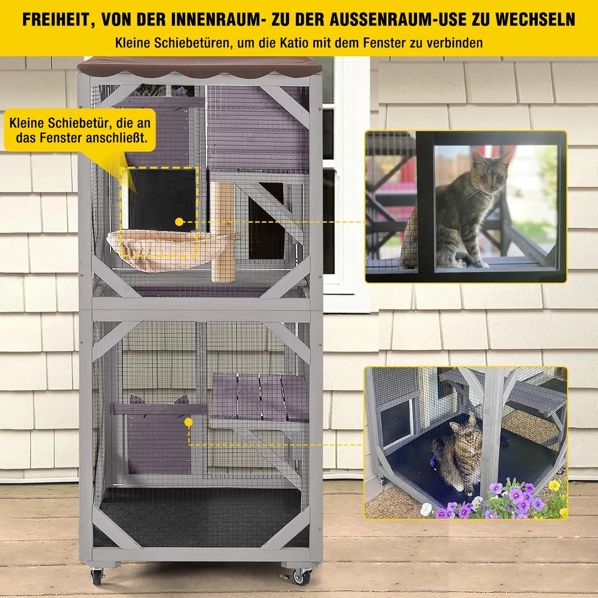 Aivituvin Katzengehege für Außenbereich, mobiles Katzenhaus Haustiergehege mit Rollen, ausgestattet mit Ruhebox, Hängematten und wasserfester Abdeckung (Grau, M)