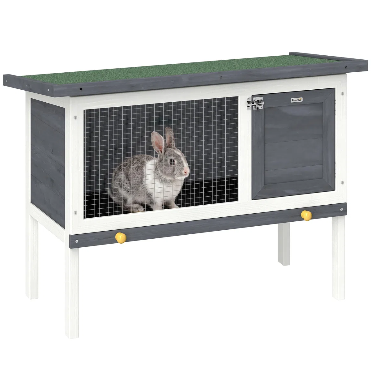 PawHut Hasenstall Kaninchenstall aus Holz 90x45x65 cm erhöhter Kaninchenkäfig mit aufklappbar Bitumendach, herausziehbarer Schublade, Tür, Metallgitter, Hasenkäfig für Kleintiere Outdoor Grau