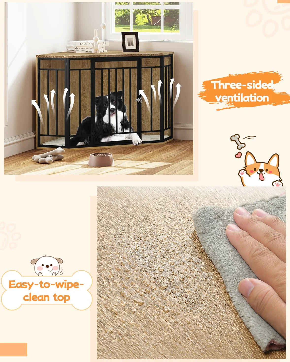 EUGAD Eck-Hundebox, Hundekäfig Möbel mit Kissen,Hundebox Holz mit Abschließbarer Tür, Haustierbox für den Innenbereich, Hundekäfig Zuhause für kleine mittelgroße Hunde 111x67x60cm