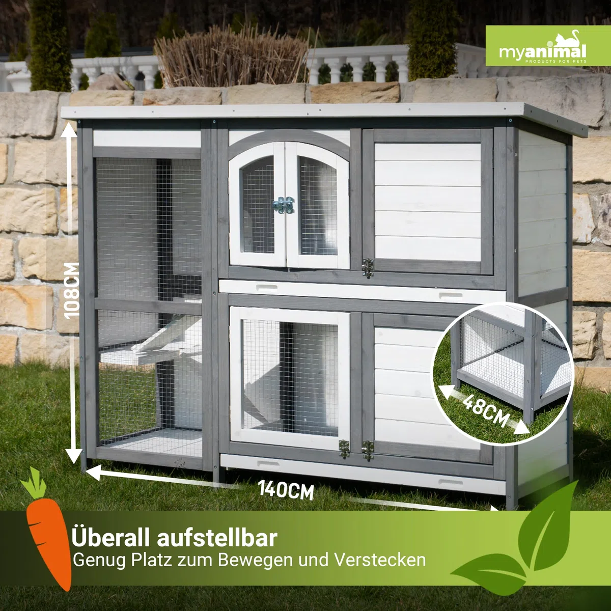 MyAnimal Hasenstall MH-02 | 140x48x108 cm - Kaninchenstall - Hasenkäfig - Kleintierkäfig - Holz imprägniert - Kaninchenkäfig Winterfest - Kleintiergehege - Käfig - Hasenhaus (Grau/Weiß)