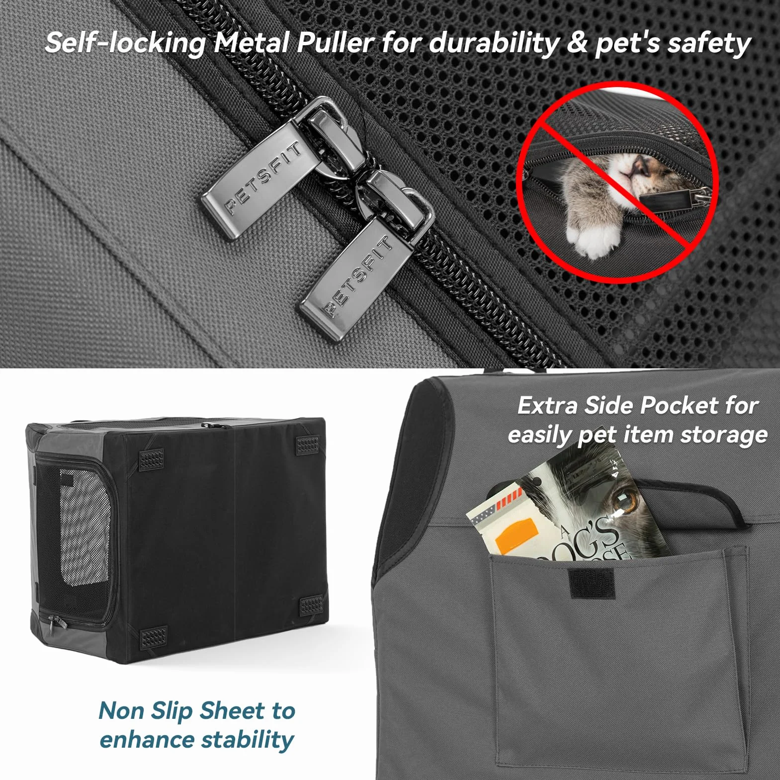 PETSFIT Hundebox Auto, Hundebox faltbar Kofferraum/Rückbank,Verstellbarer Bezug & verstärktes Netz, Hundetransportbox Auto mit Abschließbarer Reißverschluss-Grau S