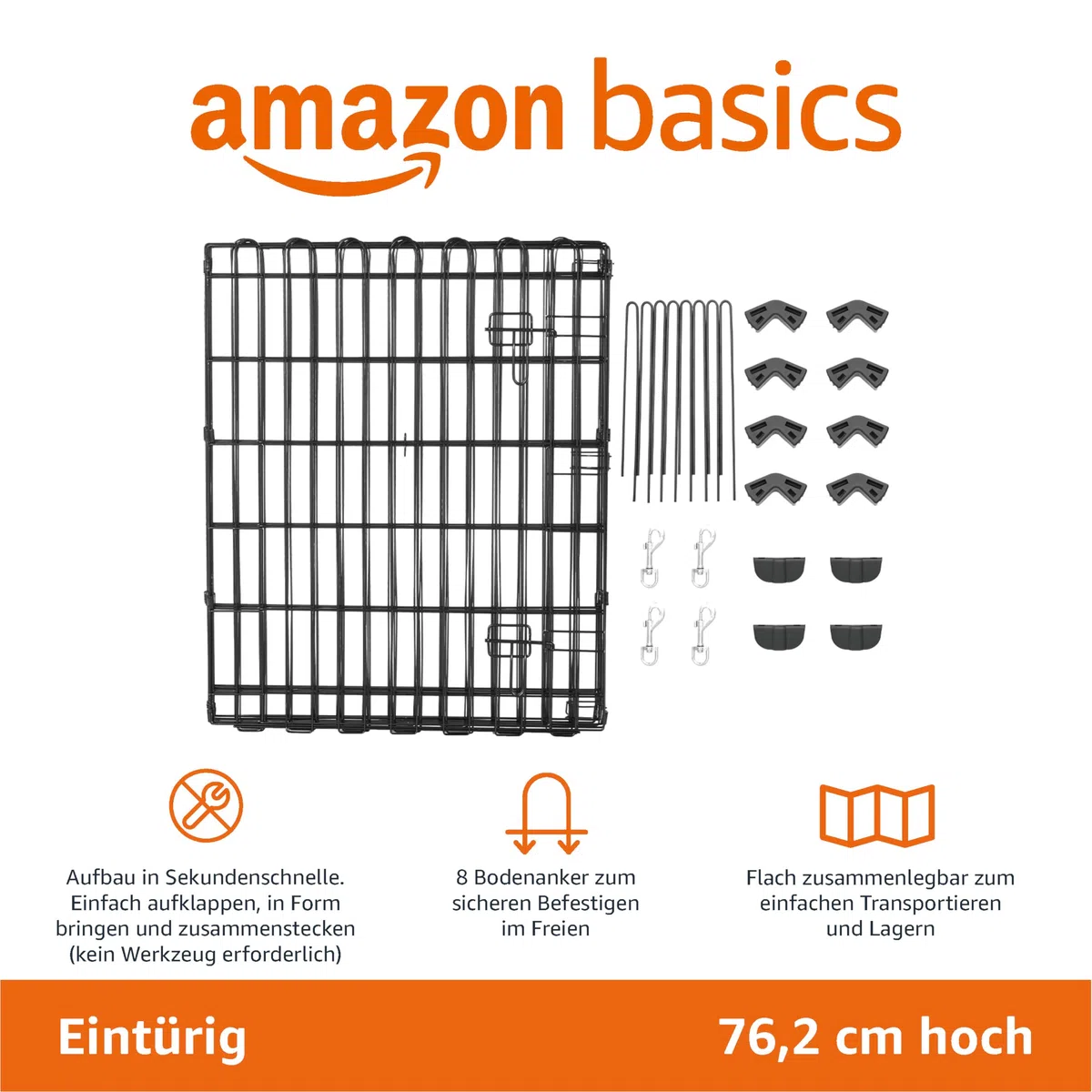 Amazon Basics Achteckig, Quadrat, Rechteck Laufgehege für Hunde und andere Haustiere, faltbar Metall mit Tür, 152.4 x 152.4 x 76.2 cm hoch, Schwarz