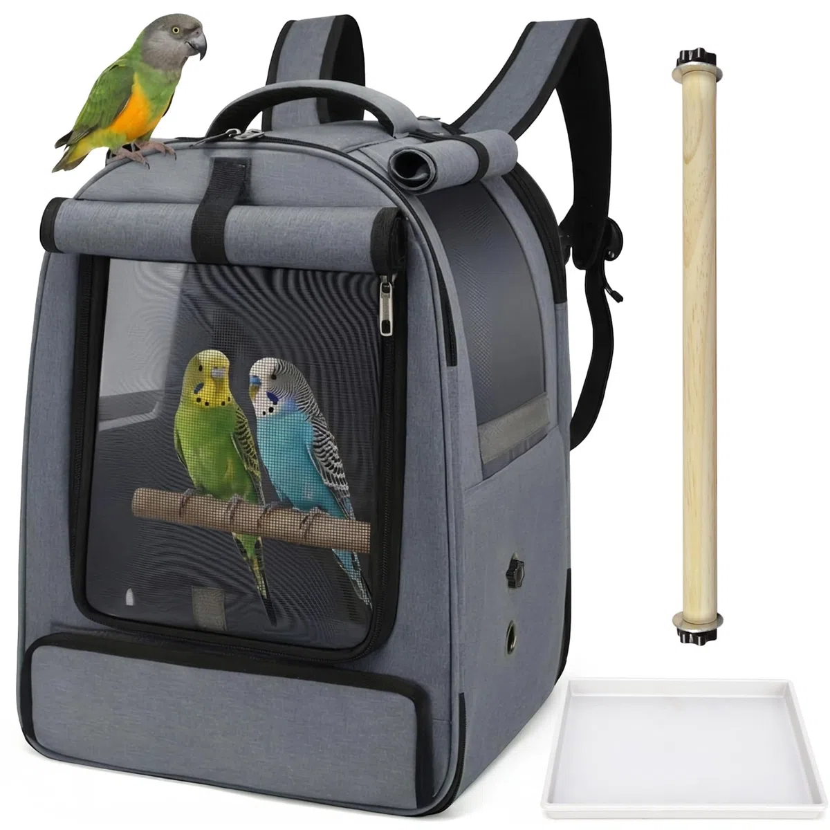 ALLSOPETS Vogelrucksack Leicht und Atmungsaktiv Tragbarer Papageiträger für Kleine Tiere mit Ständer Verstellbarer Höhe und Sichtfenster ideal für Reisen (Anthrazitgrau)