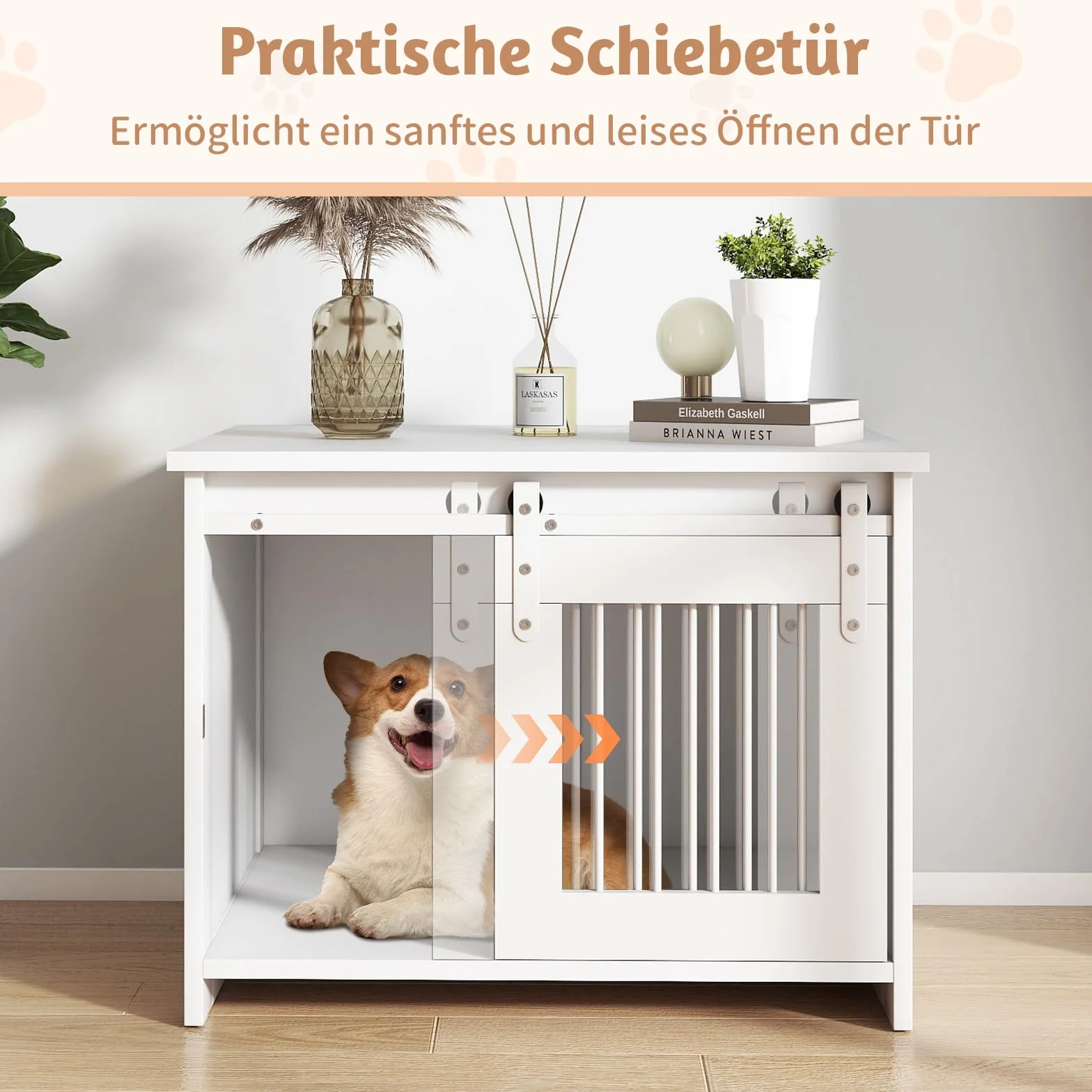 COSTWAY Hundekäfig Möbel, Hundebox für Zuhause, Hundehütte mit Schiebetür, Haustierkäfig aus Metall Holz, Beistelltisch modern, Indoor, für kleine & mittelgroße Hunde, 80 x 60 x 60 cm (Weiß)
