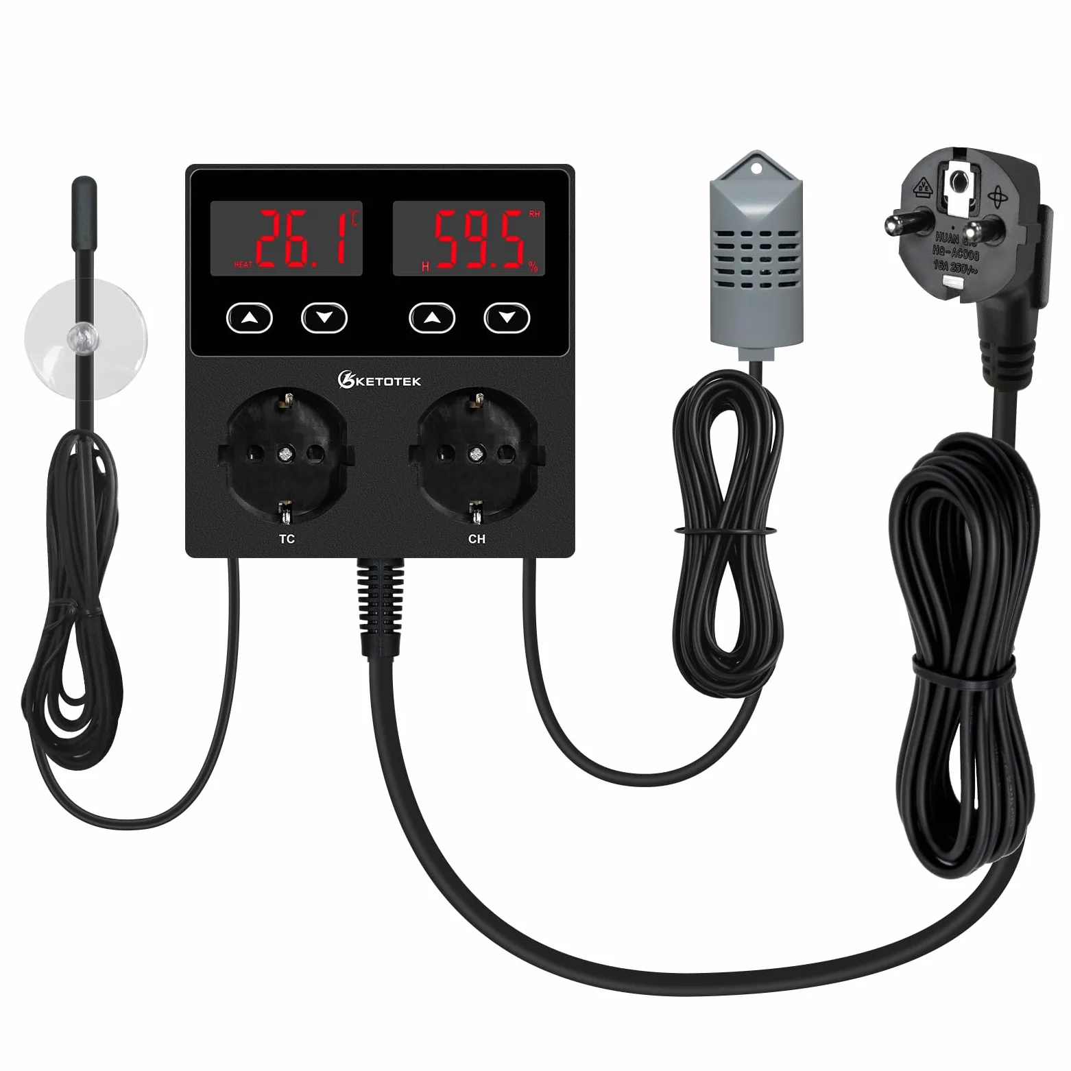 KETOTEK Thermostat Hygrostat Steckdose Digital, Temperaturregler Feuchtigkeitregler Steckdose mit 2 Fühler 230V, Temperatur Feuchtigkeit Regler für Gewächshaus Pilz Terrarium